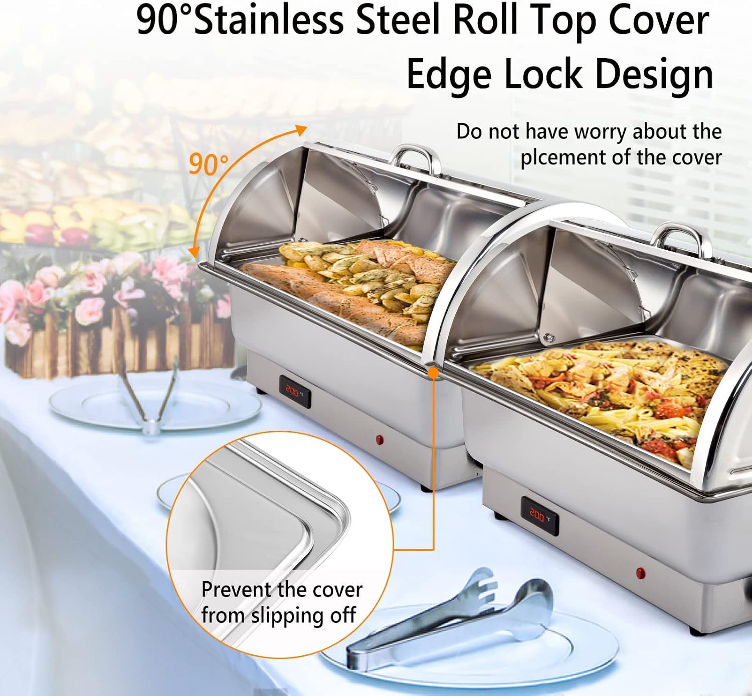 ROVSUN 2 Pack Electric 9 QT Chafing Dishes Buffet Set,NSF Stainless Steel Roll Top Catering Chafer Server Food Warmer with Cover, Full Size & 2 Detachable Food Pans for Party Wedding Banquet