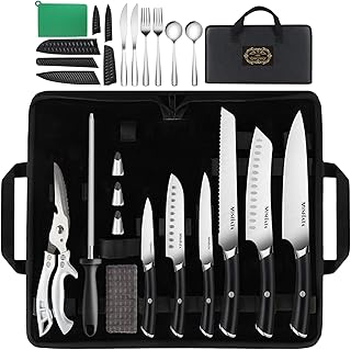 MOSFiATA Messerset 19-tlg Küchenmesser Set Edelstahl mit Tasche, Scharfes Kochmesser Ensemble, Messerschutz, Wetzstahl, Oxford Transportbeutel-Optimal für Unterwegs