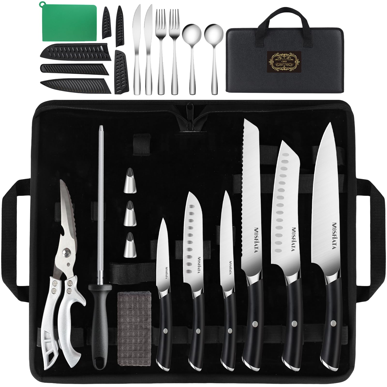MOSFiATA Set Coltelli da Cucina Professionali con Forbici da Cucina, Affilacoltelli, Fodero e Custodia 19 Pezzi