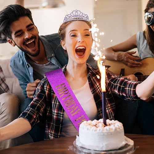 Miniatura 6 de CIEHER Corona de cumpleaños morada y banda de princesa de cumpleaños, decoraciones de cumpleaños moradas, corona de cumpleaños para niña de