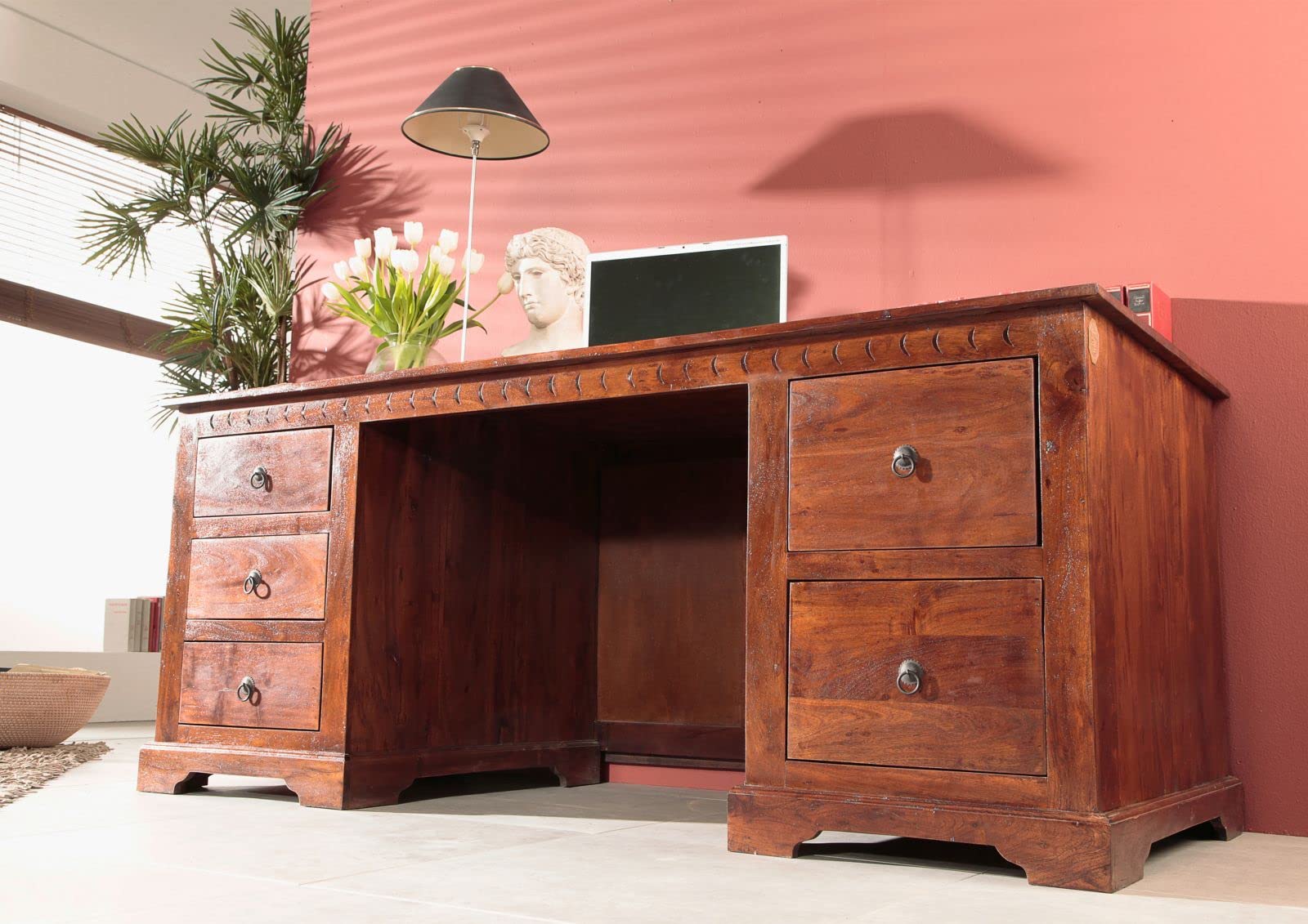 MASSIVMOEBEL24.DE | Oxford Schreibtisch Akazie 180x80x74, Farbe:Dunkelbraun lackiert, Größe:180x80x74 cm (BxTxH)