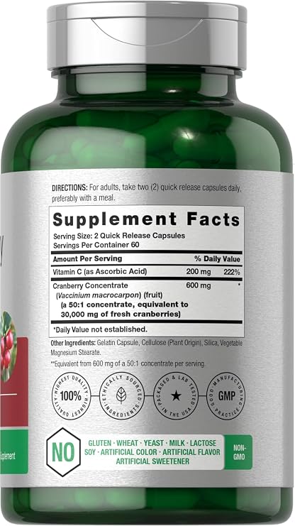 Horbaach Cranberry Concentrate Extract Pills + Vitamin C | 120 Capsules | Supplement for Women and Men | Triple Strength Ultimate Potency Formula | Non-GMO and Gluten Free
