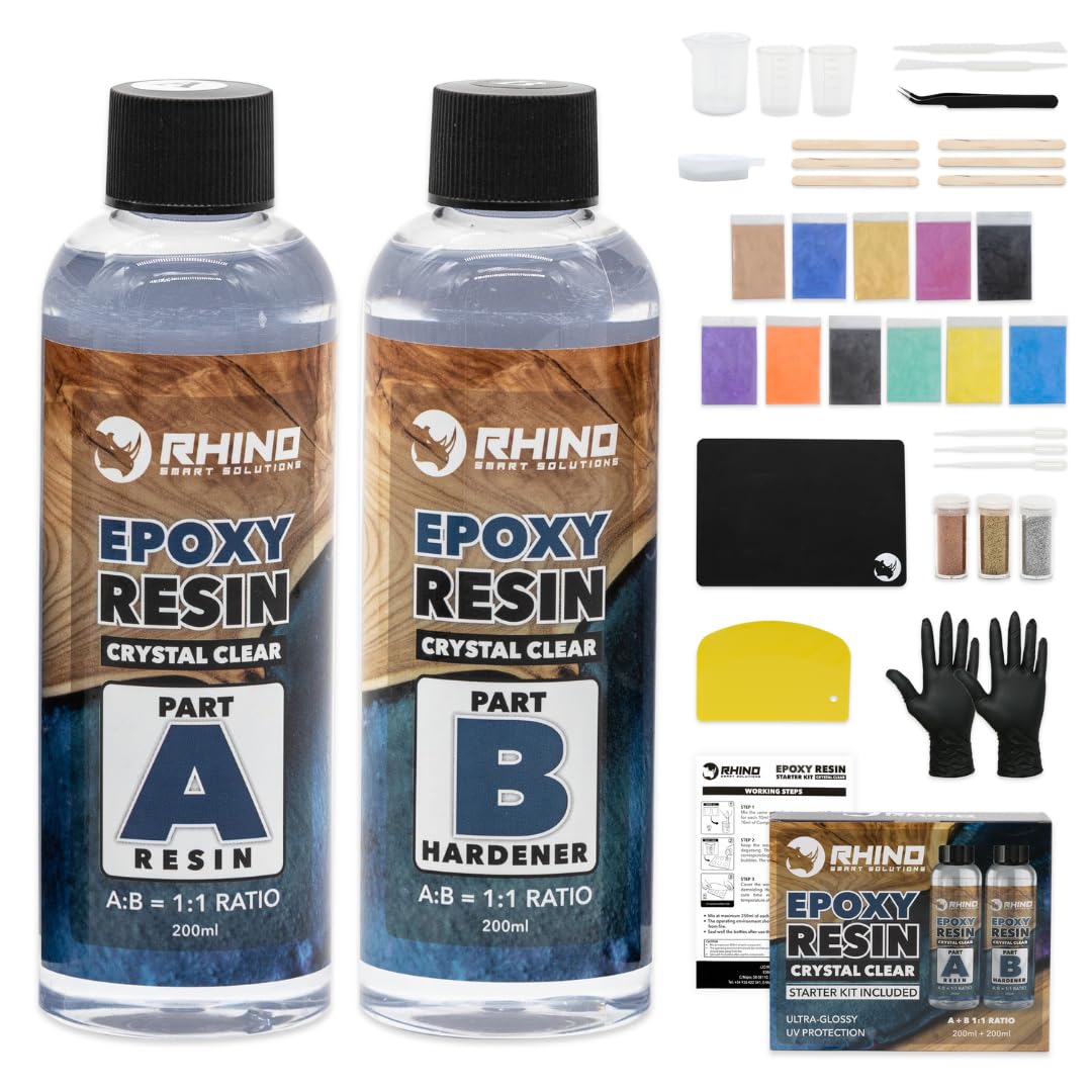 Kit Resina Epoxi Transparente RHINO Smart Solutions - Set de Iniciación Resina Liquida + Endurecedor (1:1) con Accesorios, Pigmentos y Molde para Manualidades, Joyería, Bricolaje, Recubrimiento
