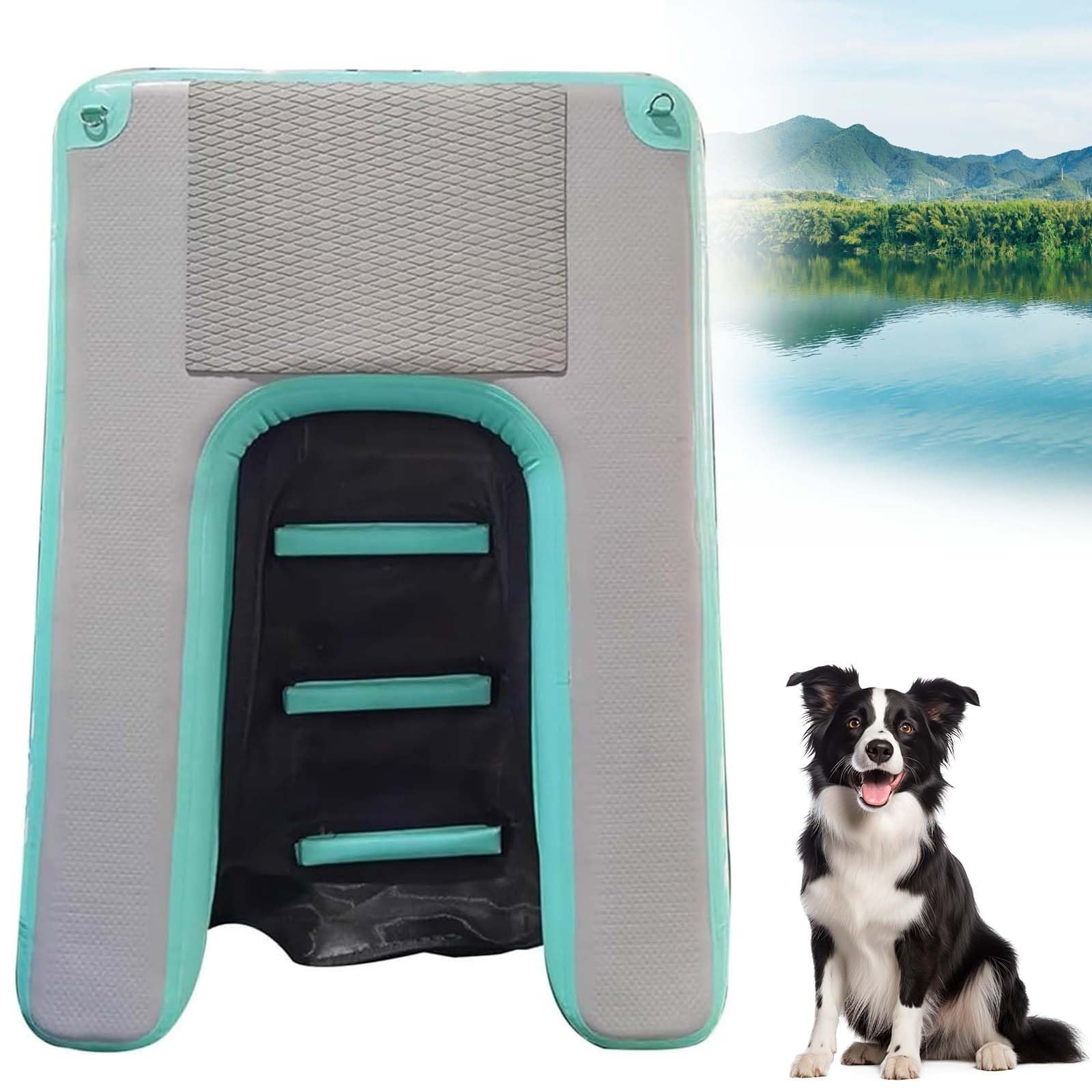 Inflatable Dog Water Ramp, Portable Dog Float Platform, 150×100×10cm, Max 80 Kg, Non-slip EVA Surface, High Density Trampoline Fabric, Scratch Resi-stant, For Pool, Lake, Beach(Mint Green)