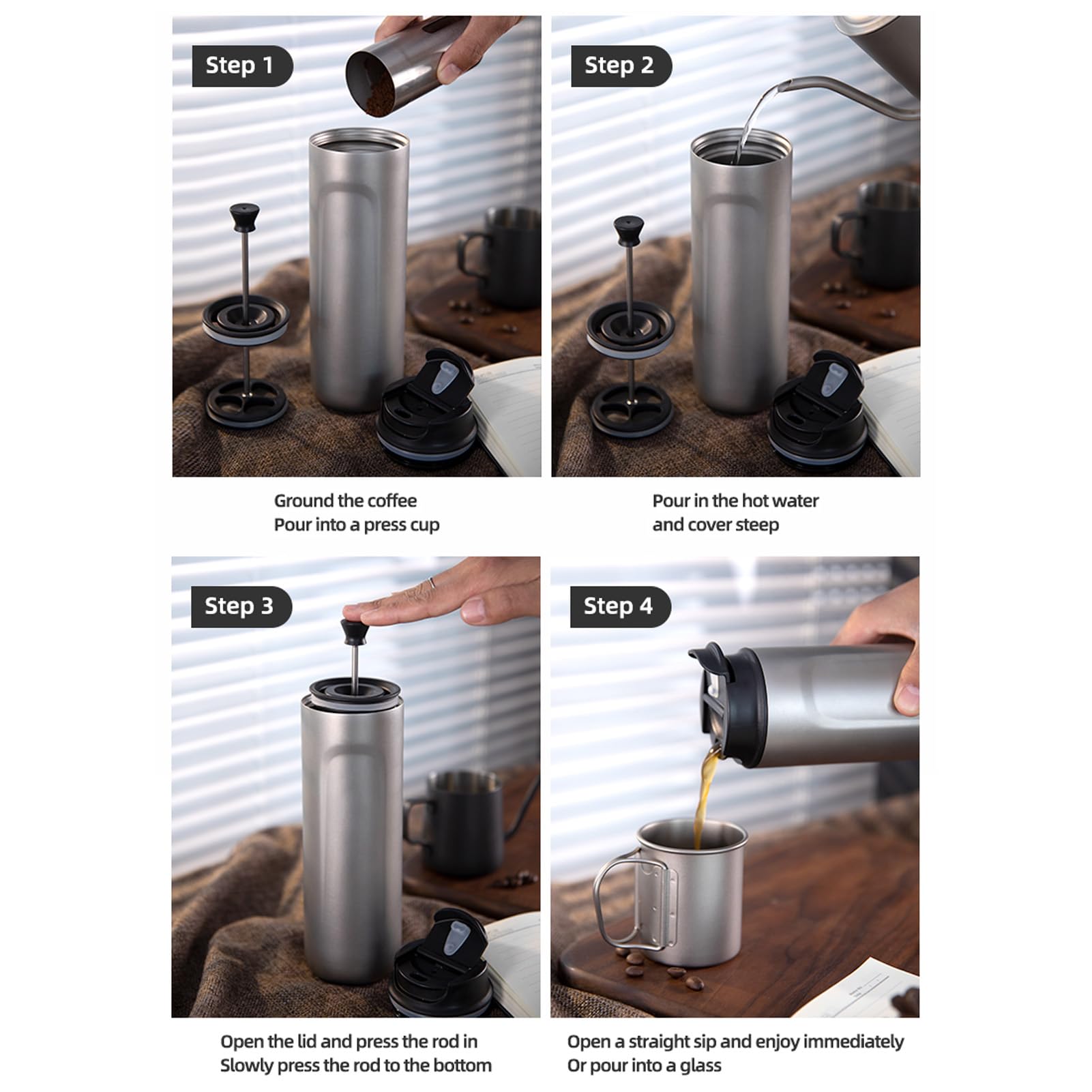 Cafetera de cafetera de campamento de campamento de prensa francesa aislante de buachois con café y té de construcción resistente de la pared doble para la oficina de viajes al (Chorro de arena)