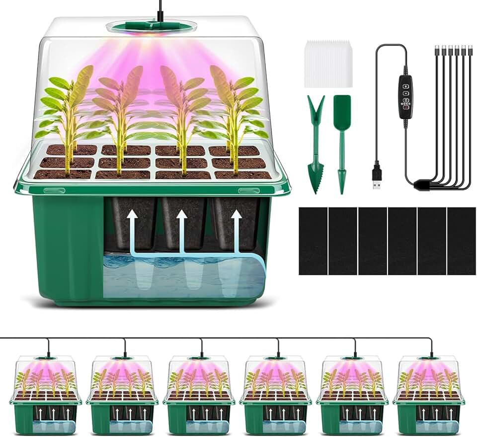 YAUNGEL Self-Watering Seed Starter Trays with Grow Light, 6-Pack 72-Cell Seed Starter Kit with Timing Controller Adjustable Bright