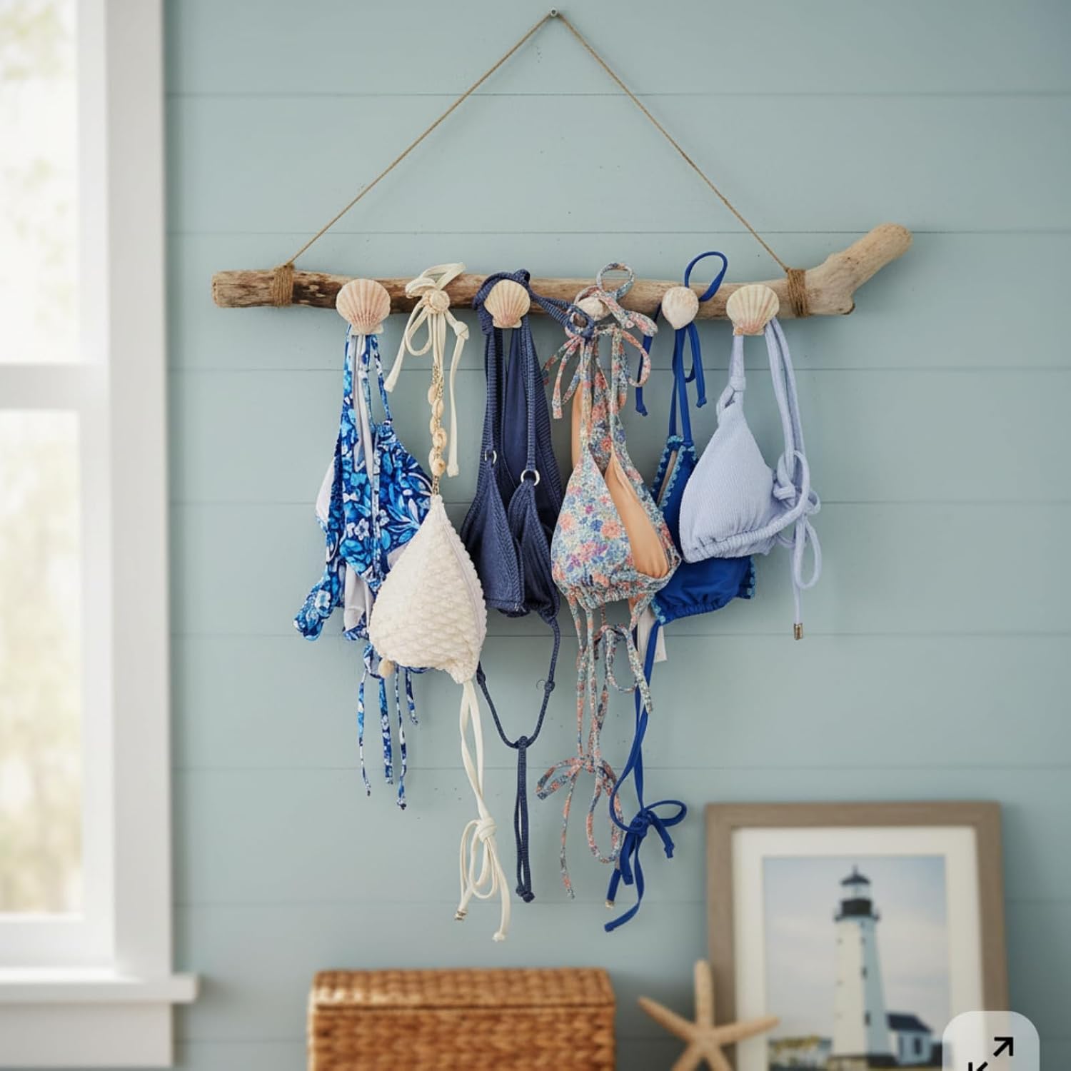Novabright 16 Inch Bikini Hanger for Wall Seashell Bikini Rack Wall Mounted Swimsuit Organizer with Seashell Accents Coastal Swimwear Storage Rack for Beach Bathrooms Closets Vacation Homes