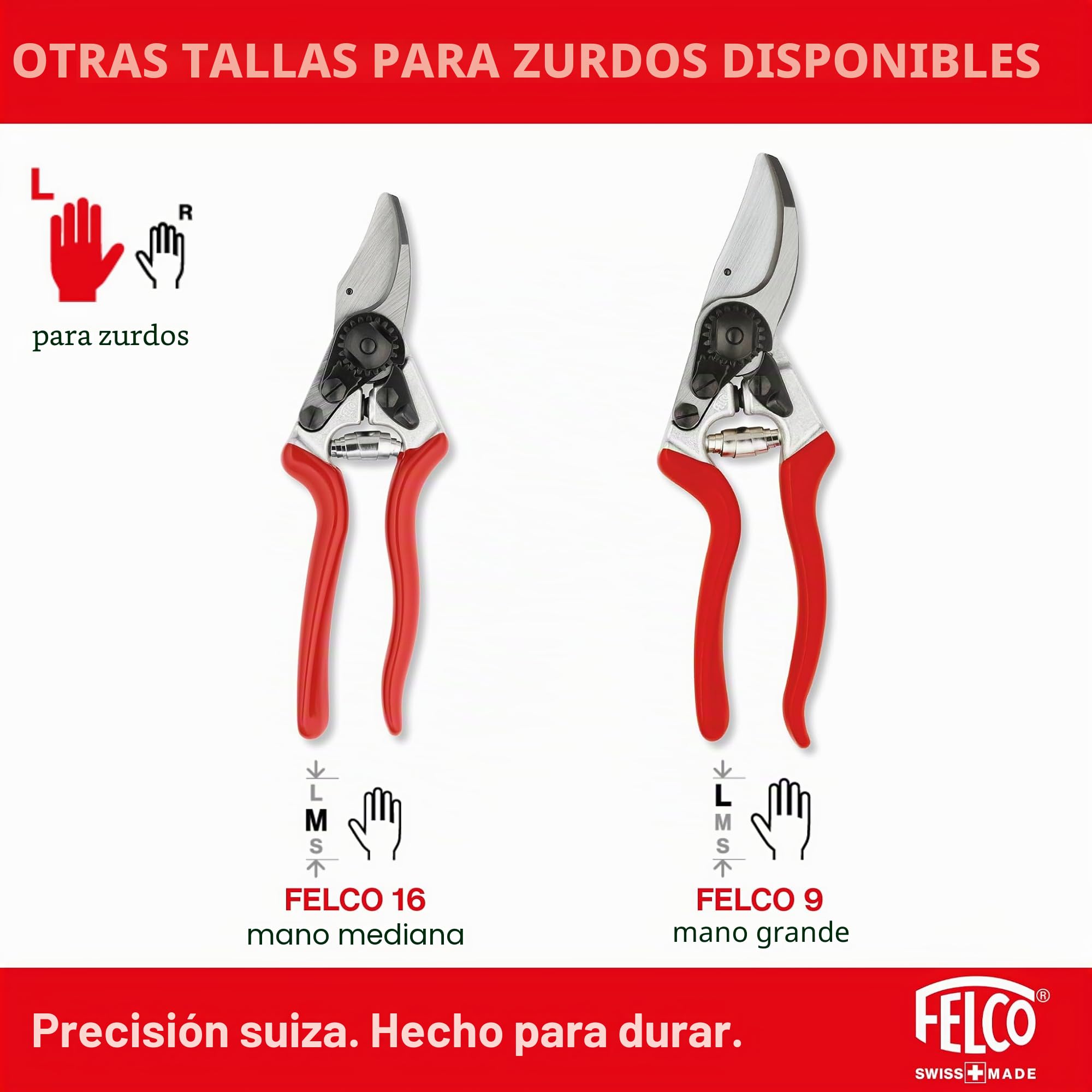 FELCO 13 tijeras de podar para diestros con manos grandes, corte 30 mm | Mango alargado para el agarre a dos manos y más fuerza en ramas gruesas. Aluminio forjado. Swiss Made.