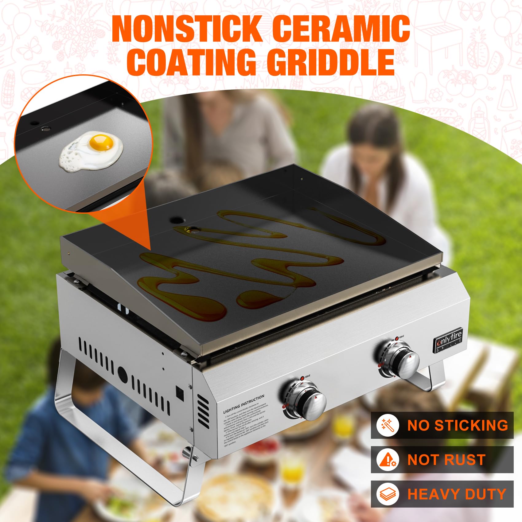 onlyfire Plancha à Gaz de Table en INOX, Barbecue Gaz avec 2 Brûleurs 4.7kW, Plancha 46x36cm avec Revêtement en Céramique Antiadhésif, Pieds Pliables pour Terrasse, Balcon et Camping