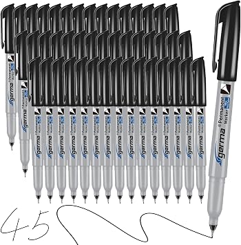 Cgerma Ultra Fine Point Permanent Markers Black, 45 Pack Ultra Fine Tip Markers, Waterproof, Quickly Dry, No bleed, Works on Plastic, Wood,Stone, Metal and Glass for School Office Home