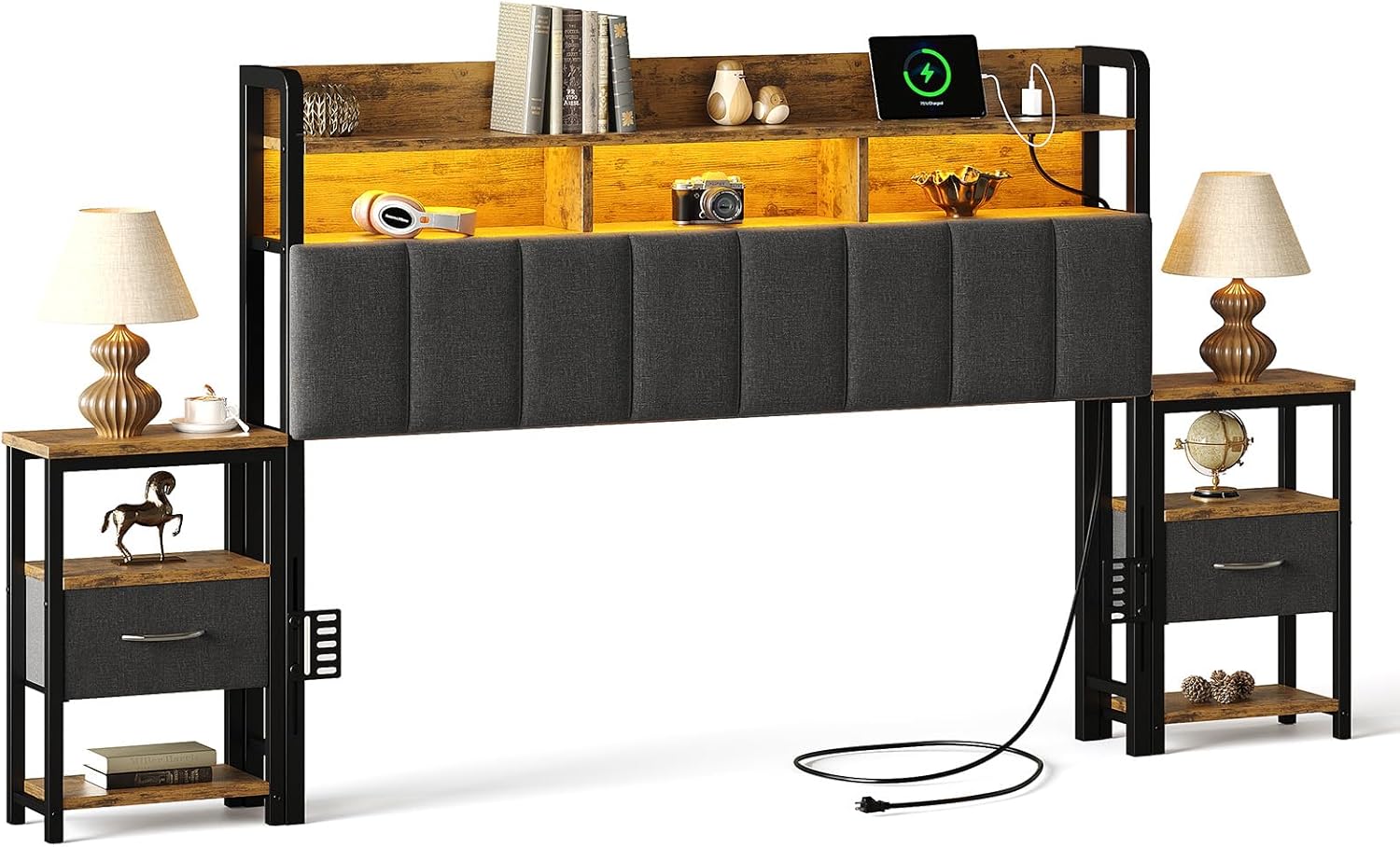 ONBRILL Headboard Queen Size with Bedside Storage, Upholstered Queen Headboard Only with Charging Station, RGB LED Lights, 2-Tier Storage Shelves, Head Board with Storage, Rustic Brown
