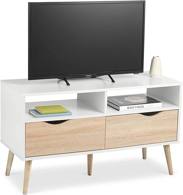 VonHaus White TV Unit - TV Cabinet w/Oak Effect Drawers & Tapered Legs - For TV's up to 42" - Entertainment Unit w/Open Storage Shelves - Max 20kg Capacity - Nordic Candi Style - For Living Room