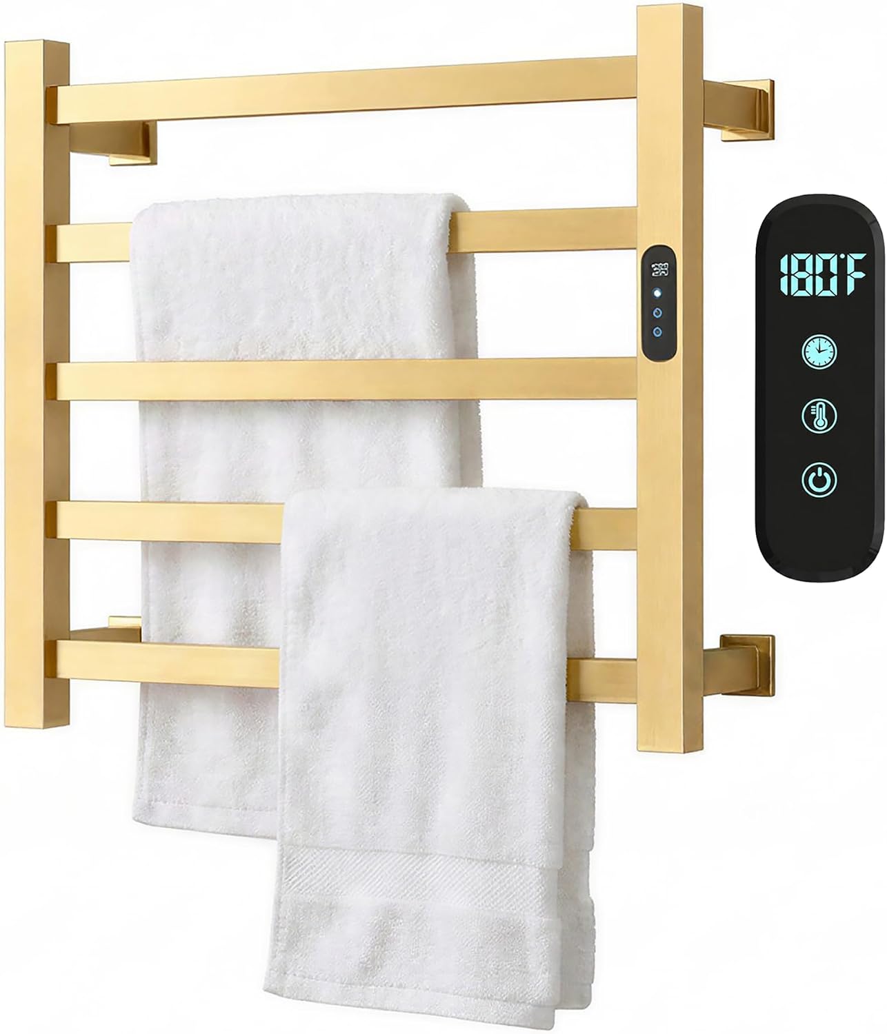 Luxury Gold Heated Towel Racks for Bathroom, Wall Mounted Electric Towel Warmer Rack with Timer & Fahrenheit Temperature Control, 5 Bar Stainless Steel Towel Heater for Bathroom(Brushed Gold)