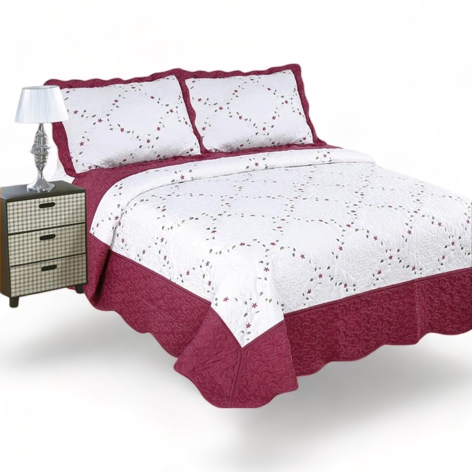 ZTex Colcha Boutí Bordada Ligera para Primavera Verano Otoño Invierno 100% Microfibra Extra Suave Funda Cojin incluida Cubre Cama Multiusos Entretiempo (X Cama 160/180/200-270x270 CM, Q2629 Granate)