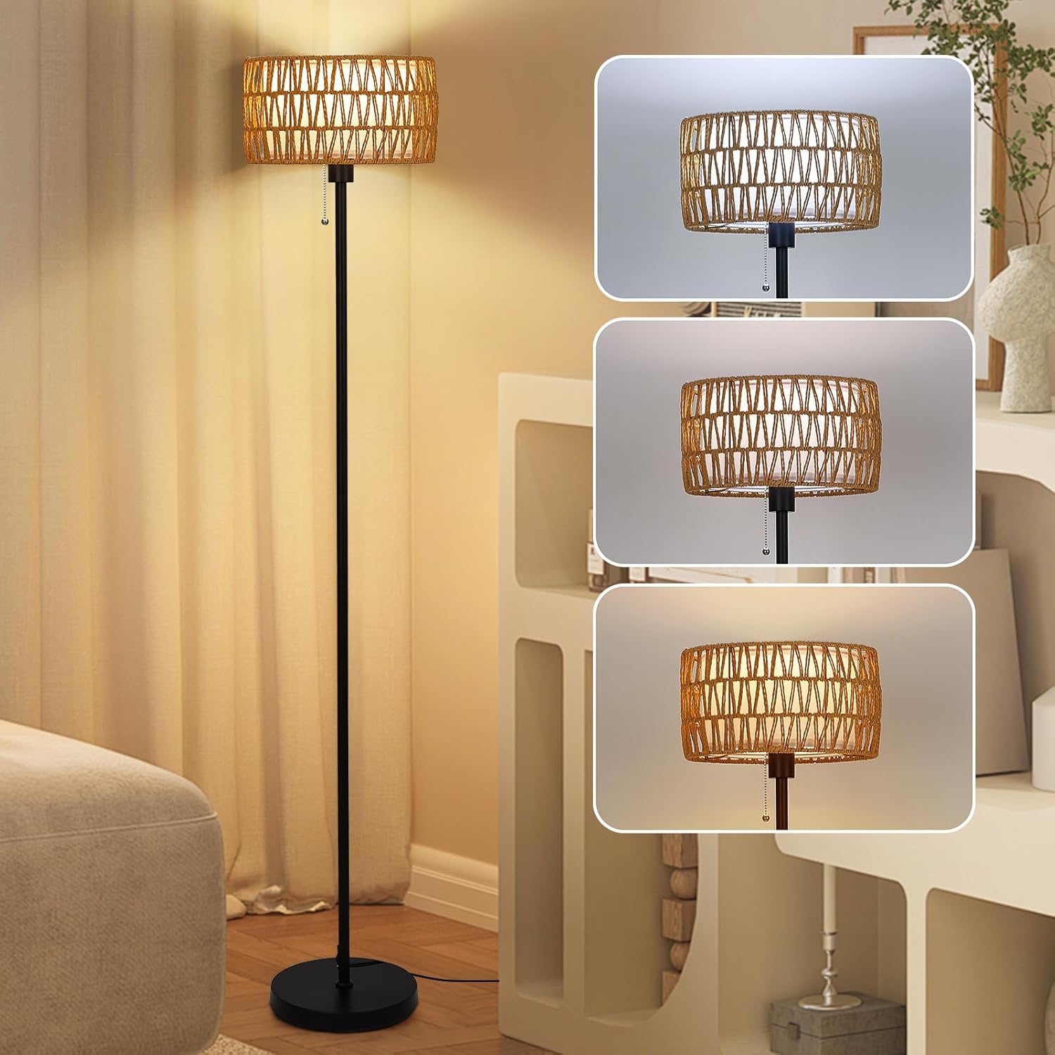 Netin Rattan Floor Lamp for Living Room, Boho Standing Lamp with 3 Color Temperatures, Farmhouse Floor Lamp Wicker Lamp Double Shades, Bohemian Floor Lamps for Bedroom, Office(Black)