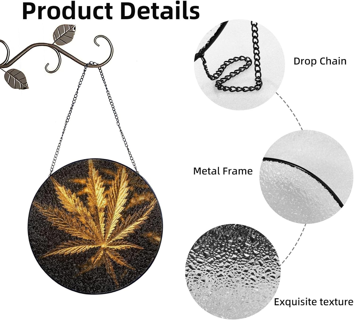 Stained Glass Window Hanging 6in（15cm）, Golden Cannabis Glass Suncatcher for Home Decor, Indoor Wall Art Glass Panel with Metal Chain and Hooks, Sun Catcher Ornament Birthday Gifts