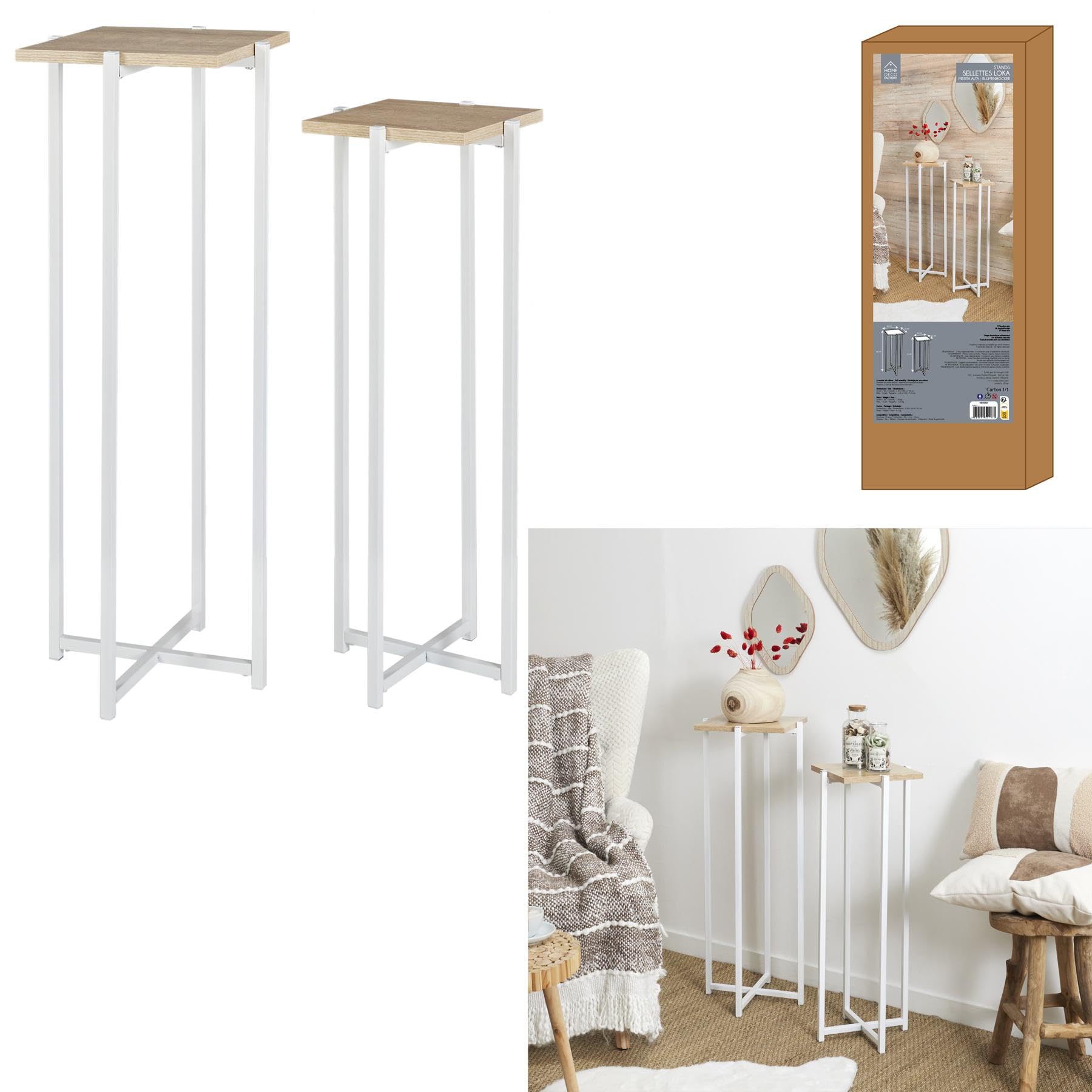 HOME DECO FACTORY - HD0051 Lot de 2 Sellettes en Bois et Métal - Design Tendance - Pratiques pour Salon ou Entrée - Dimensions 30 x 30 x 82 cm - Couleur Blanc Marron
