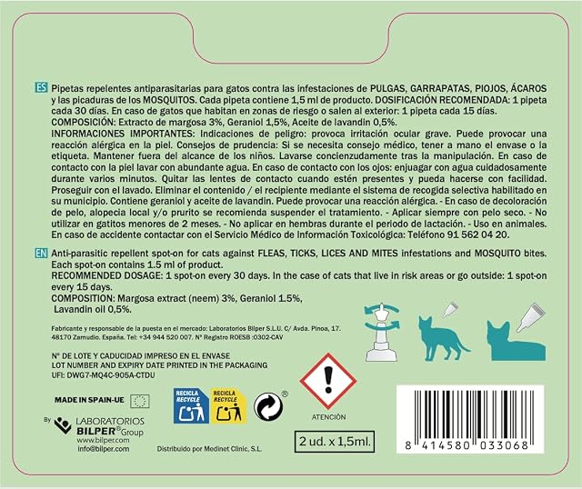 Foto 2 de 6 de LOTI LOTA Pipetas Anti-Insectos para Gatos - Pack 2 Blister (4 Pipetas Total) - Activos 100% Naturales