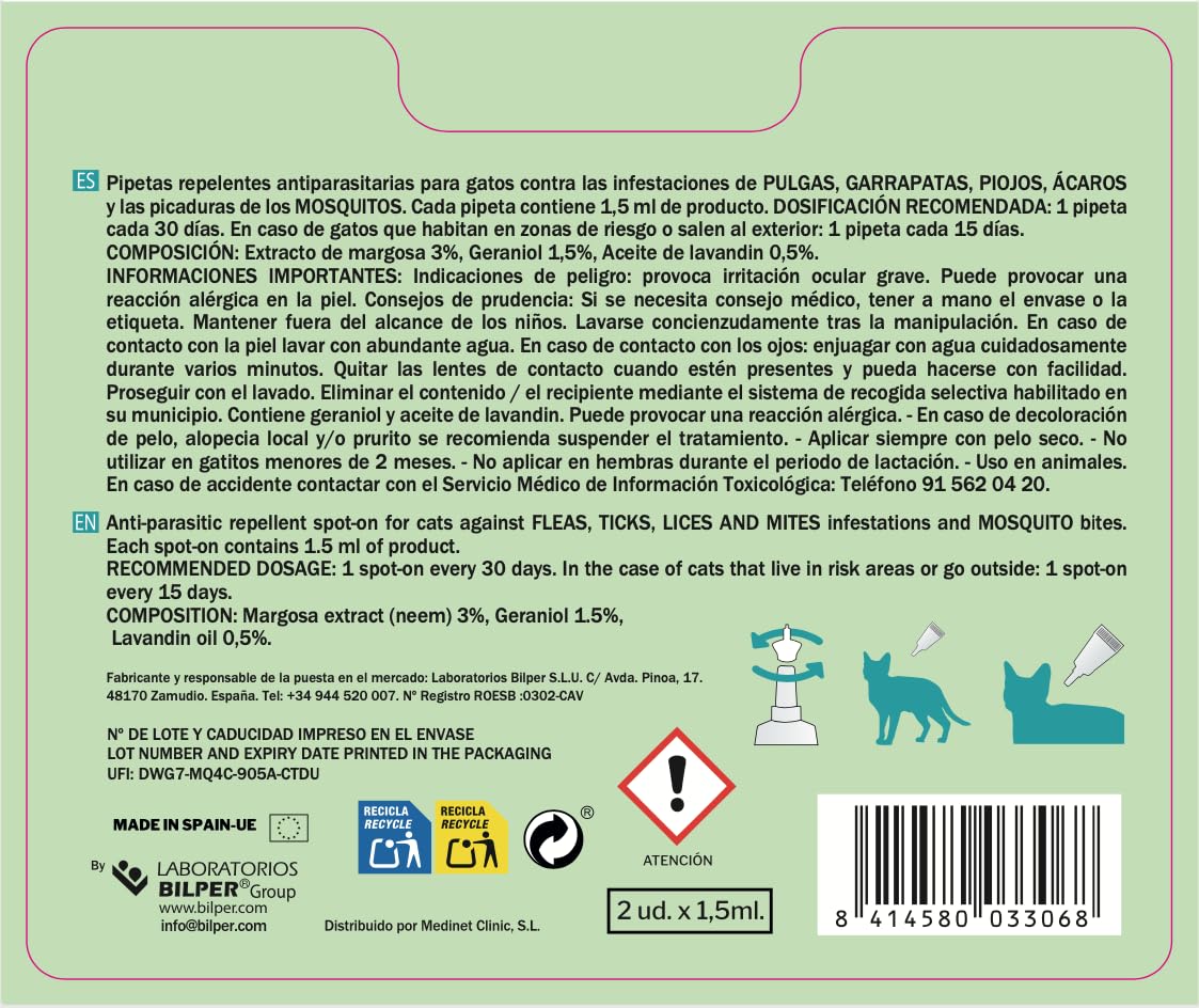 Pipetas Anti-Insectos para Gatos - Pack 2 Blister (4 Pipetas Total) - Activos 100% Naturales - Contienen Margosa, Geraniol, Lavandino - Ingredientes Naturales - Pulgas, Garrapatas e Insectos