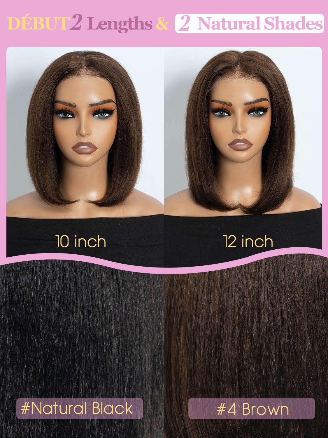 Kinky Straight Bob Wig, 100% Human Hair 4x6 Lace Front, Glueless Wear and Go Bob Wig for Black Women 12 Inch, #4 Medium Brown