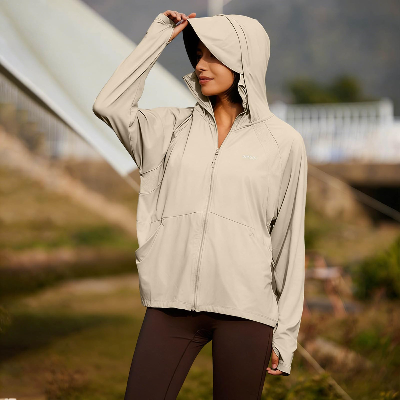 Upf 50+ Kapuzenjacke Damen Uv Sportjacke Atmungsaktive Schnelltrocknend Jacke Mit Kapuze Stretch Sommerjacke Angeln Sonnenschutz Laufjacke Dünne Einfarbige Rashguard Dry Fit Sonnenschutzkleidung M-XXL