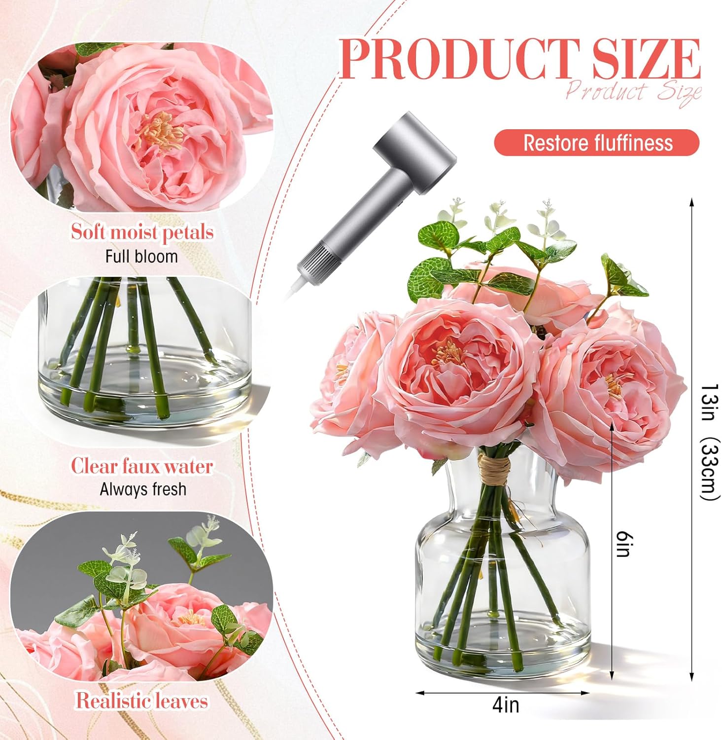 Norme Real Touch Peonies Artificial Flowers, 6 Pcs Faux Austin Rose in Glass Vase with Fake Water Look Real Moisturizing Petal for Valentines Wedding Dining Table Centerpiece Home Kitchen Decor - Image 2