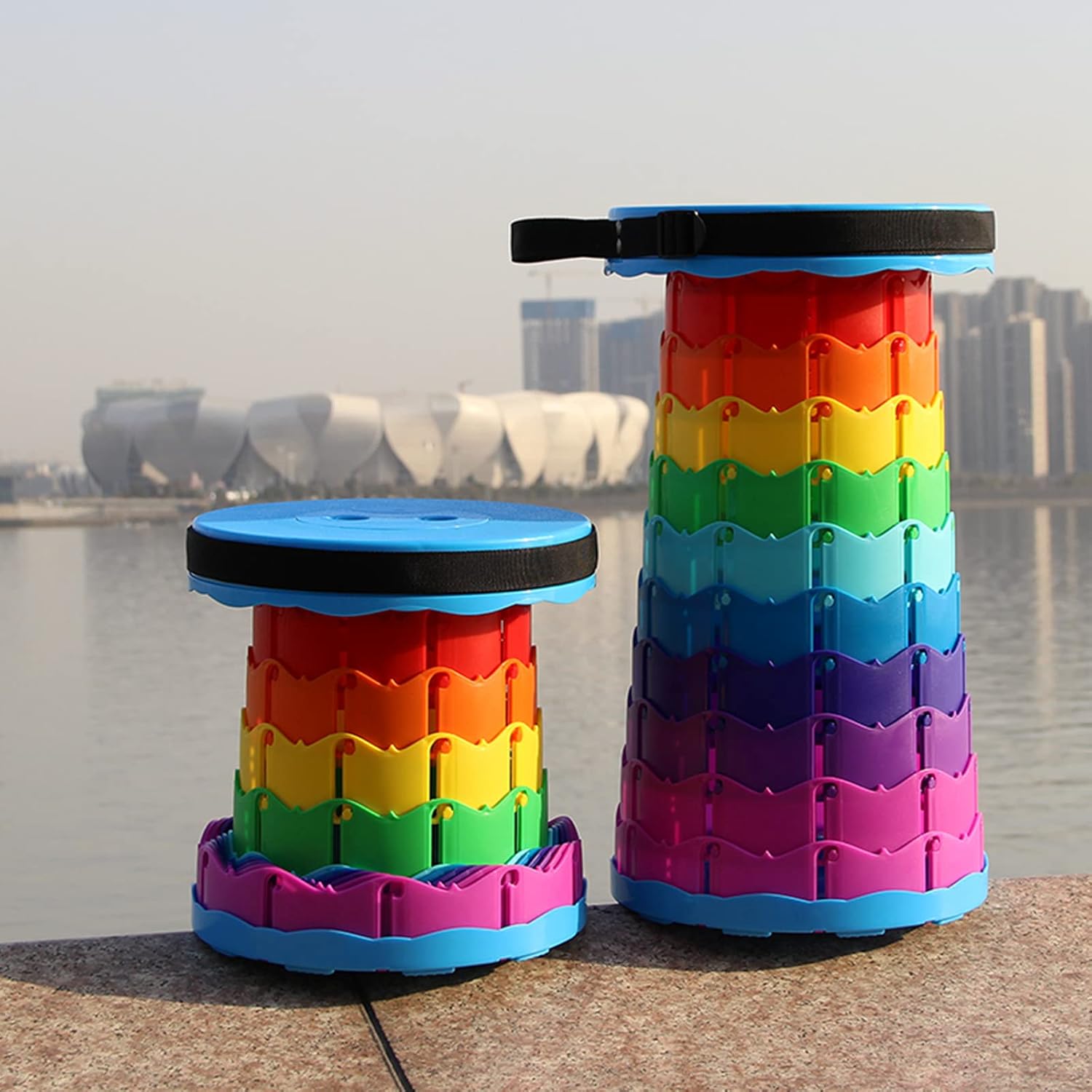 Jihong Upgrade 4.0 Portable Retractable Folding Stool, Modern Rainbow Plastic Seat, Telescopic Legs, Adjustable Height, 2.5-18 Inches, 350 lbs Capacity, Ideal for Hiking, Camping, Fishing, Picnic