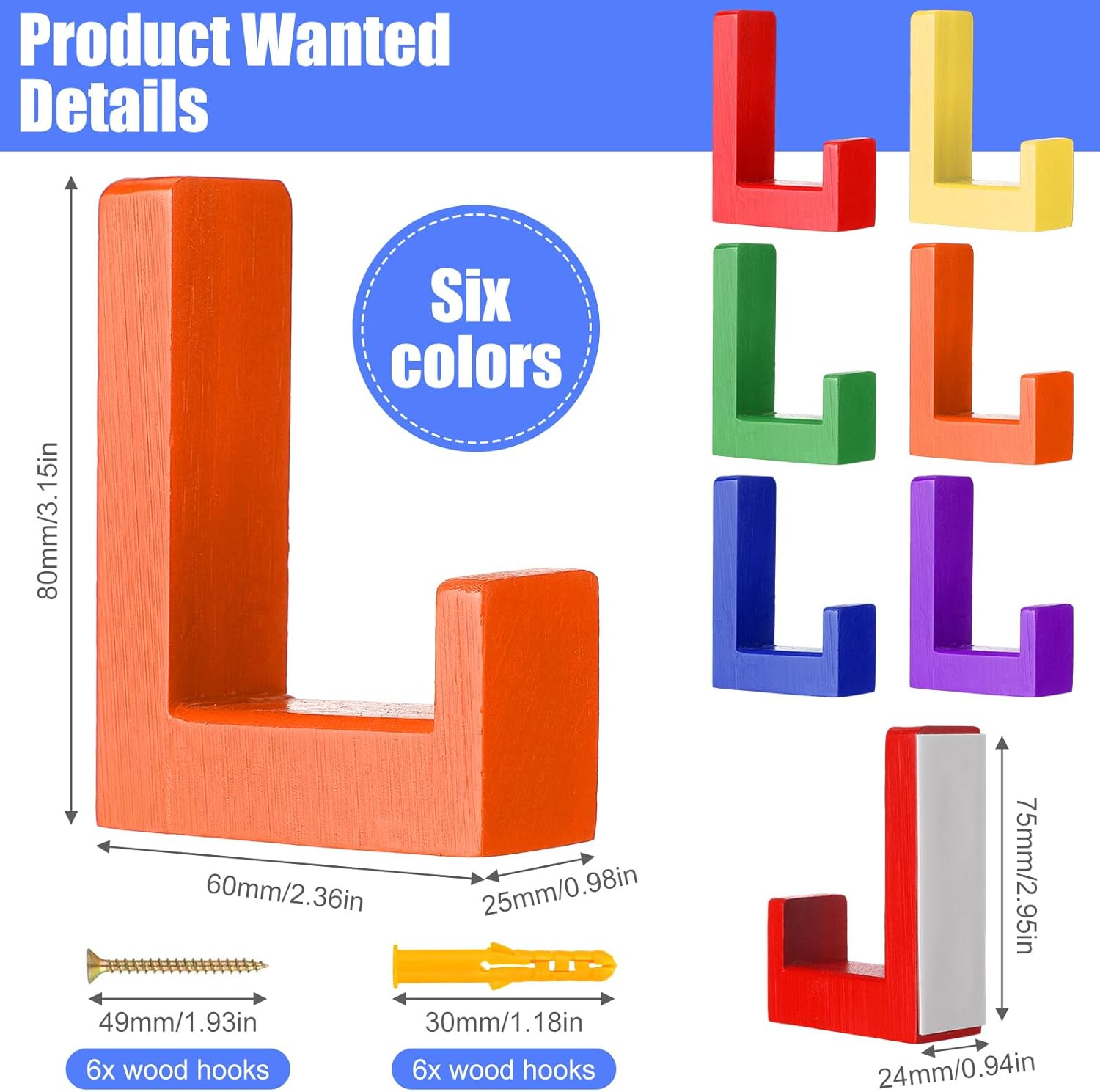 6 Pack Cute Kids Coat Wall Hooks Wooden Adhesive Decorative Colorful Wall Mounted Hangers Backpack Hooks for Hanging Keys Towel Clothes Bathroom Organization(Rainbow) - Image 2