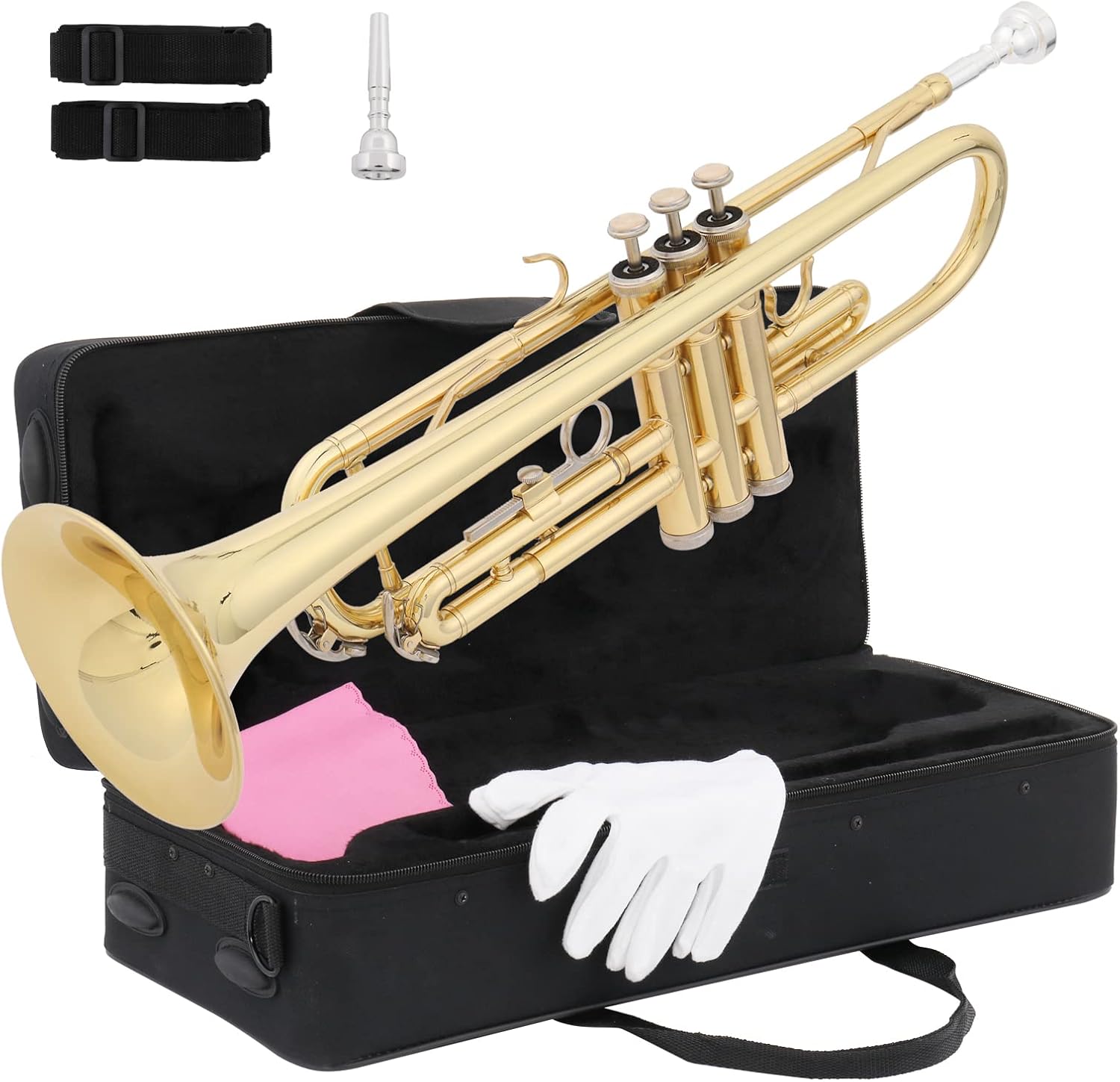 Ktaxon Bb Trumpet for Student, Beginner Trumpet with Hard Case,7C Mouthpiece, Cleaning Cloth, Gloves, Brass Instruments for Kids and Adults(Gold) : Musical Instruments
