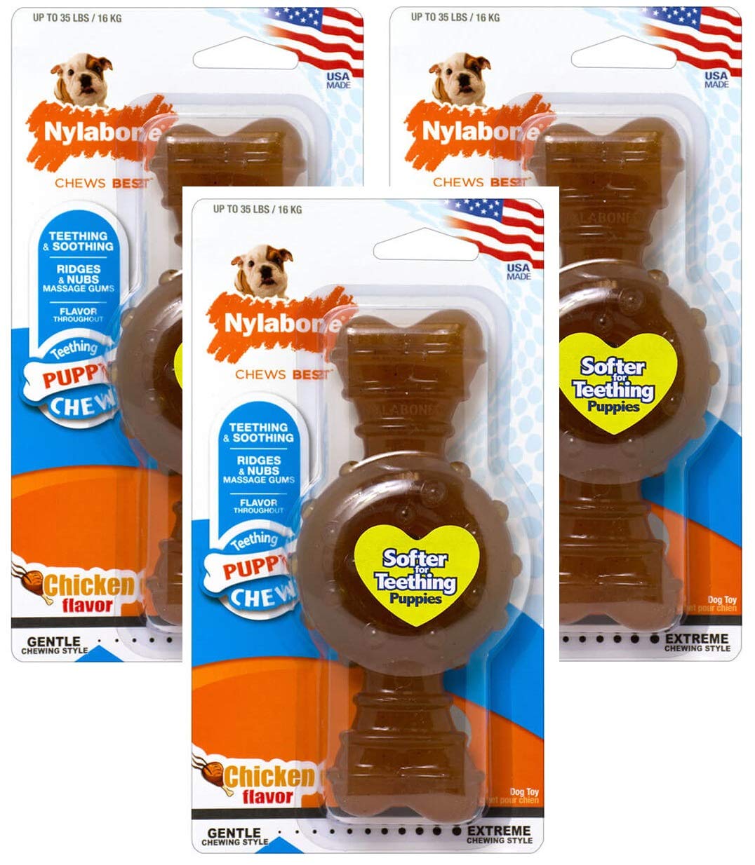 (3 Pack) Nylabone Puppy Chew Chicken Flavored Medium Ring Bone Dogs up to 35lbs