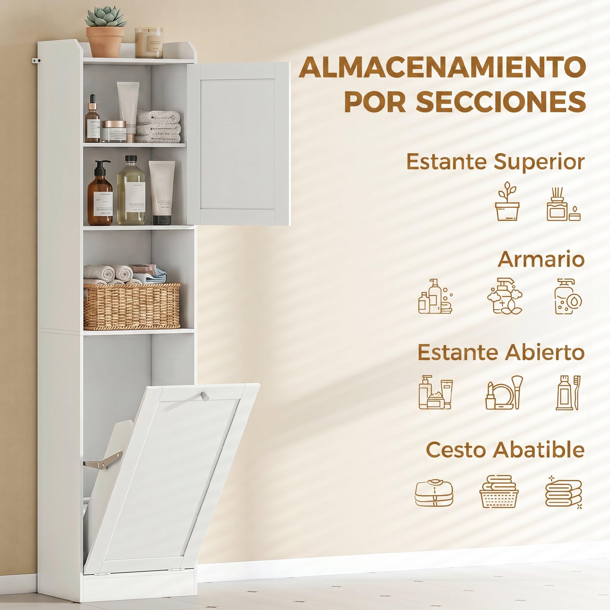 HOMCOM Armario Alto de Baño con Cesto Ropa Sucia, 40x30x170 cm, Blanco | Mueble de Baño Estrecho, Compartimentos Abiertos, Estantes Ajustables, para Espacios Pequeños