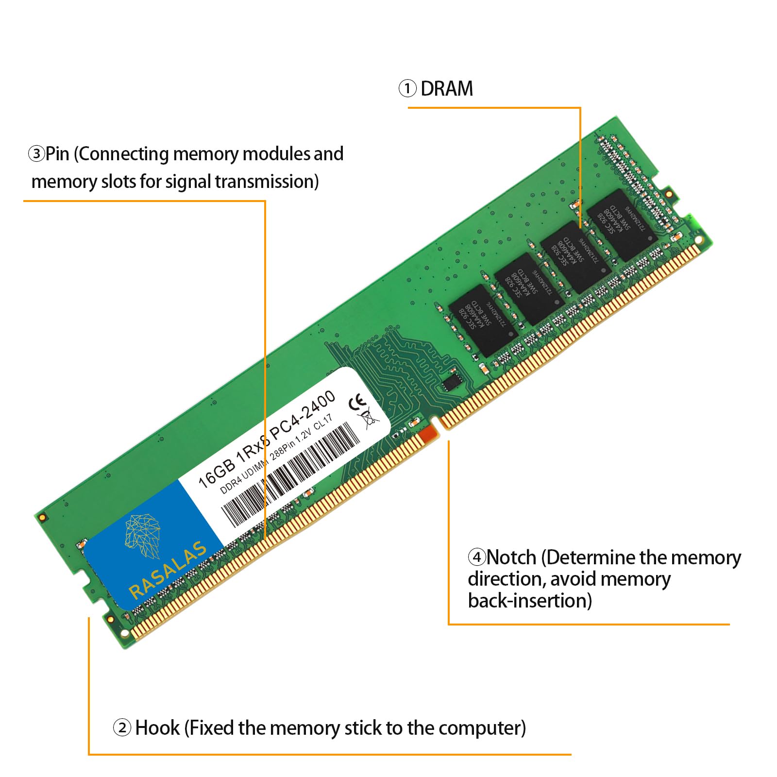 RASALAS 16GB DDR4 2400MHz PC4-19200 Non-ECC Unbuffered 1.2V CL17