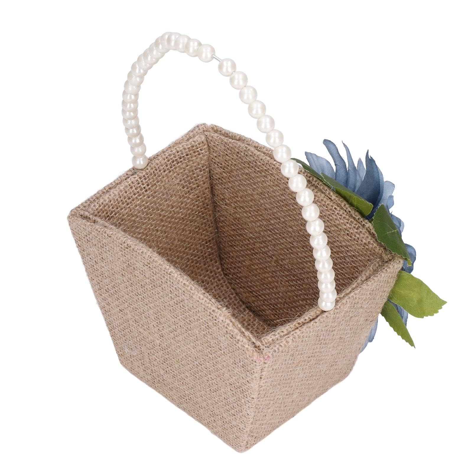 Rustic Flower Girl Basket, Burlap Jute Linen Wedding Basket with Ivory Pearl Handle Vintage Wedding Flower Girl Baskets for Wedding(01)