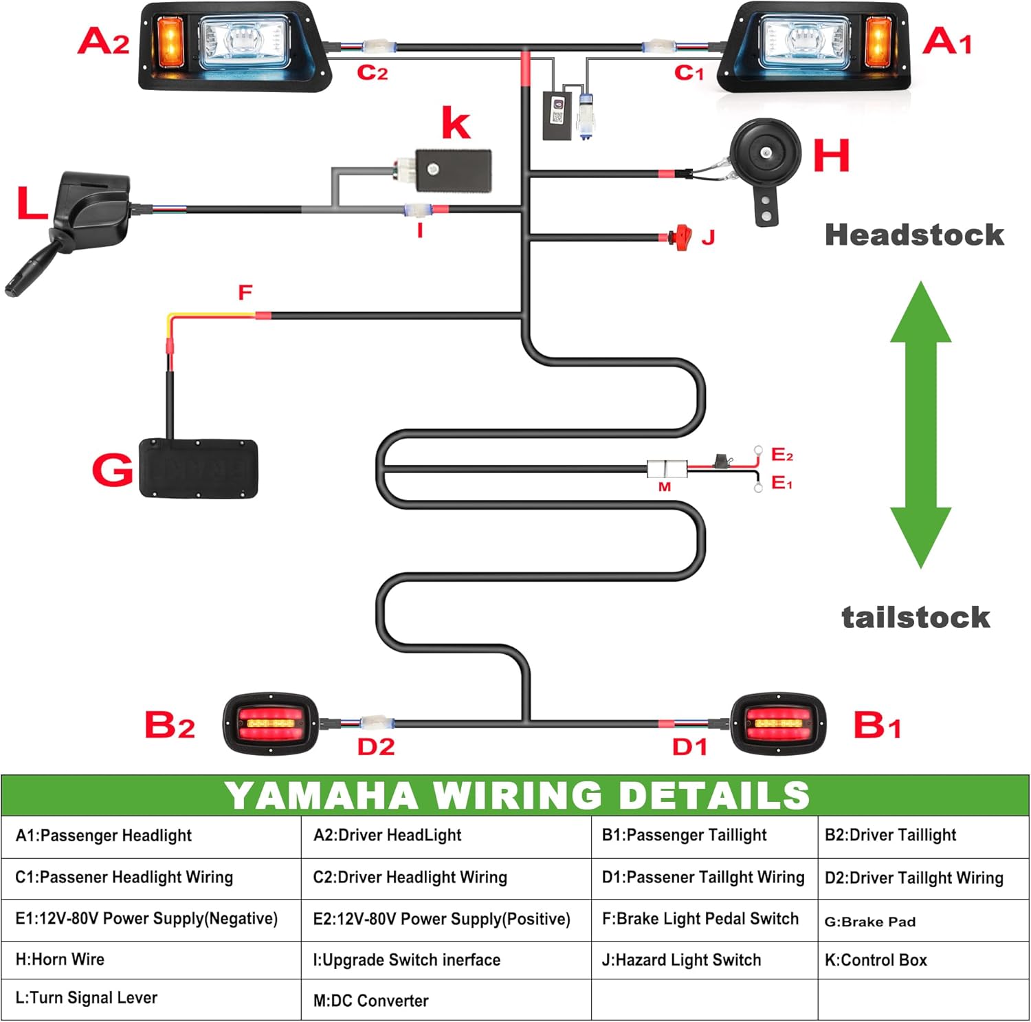 Light Kit For Yamaha G14, G16, G19 G22, Daytime Running Head Light with Low & High Beam with Brake, Hazard, Horn & Turn Signal Kit, 12V-48V