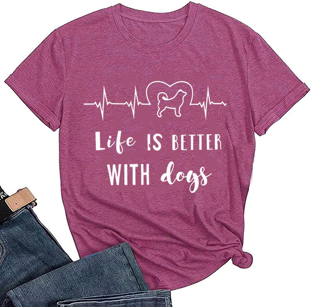 TXHQZJXWomens Heartbeat Graphic Tees Dog Lover T Shirt Life is Better with Dogs Funny Letter Print Short Sleeve Top Blouse