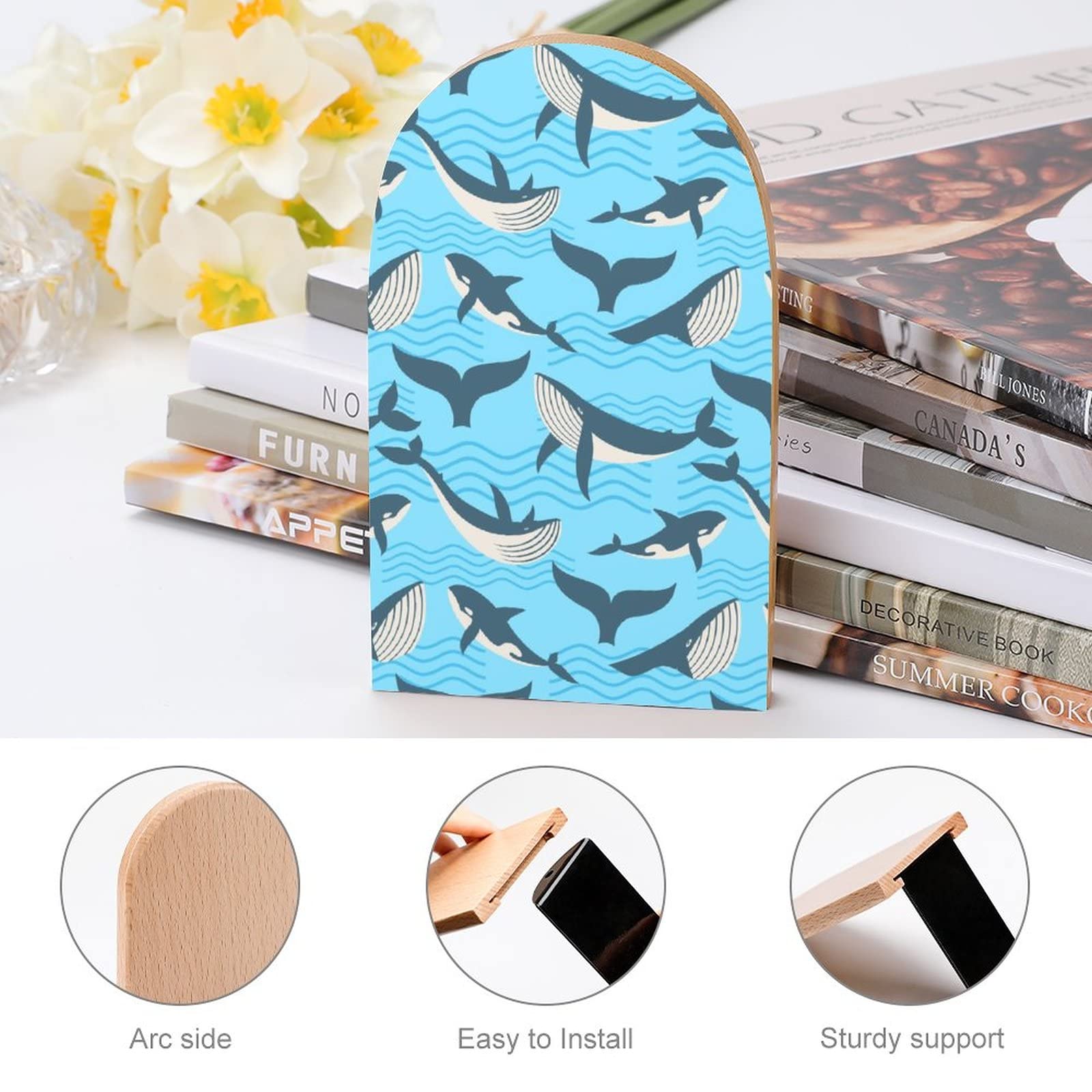 クジラの木製ブックエンド Amazon | 海の波のクジラ 木製ブックスタンド滑り止めブックエンド