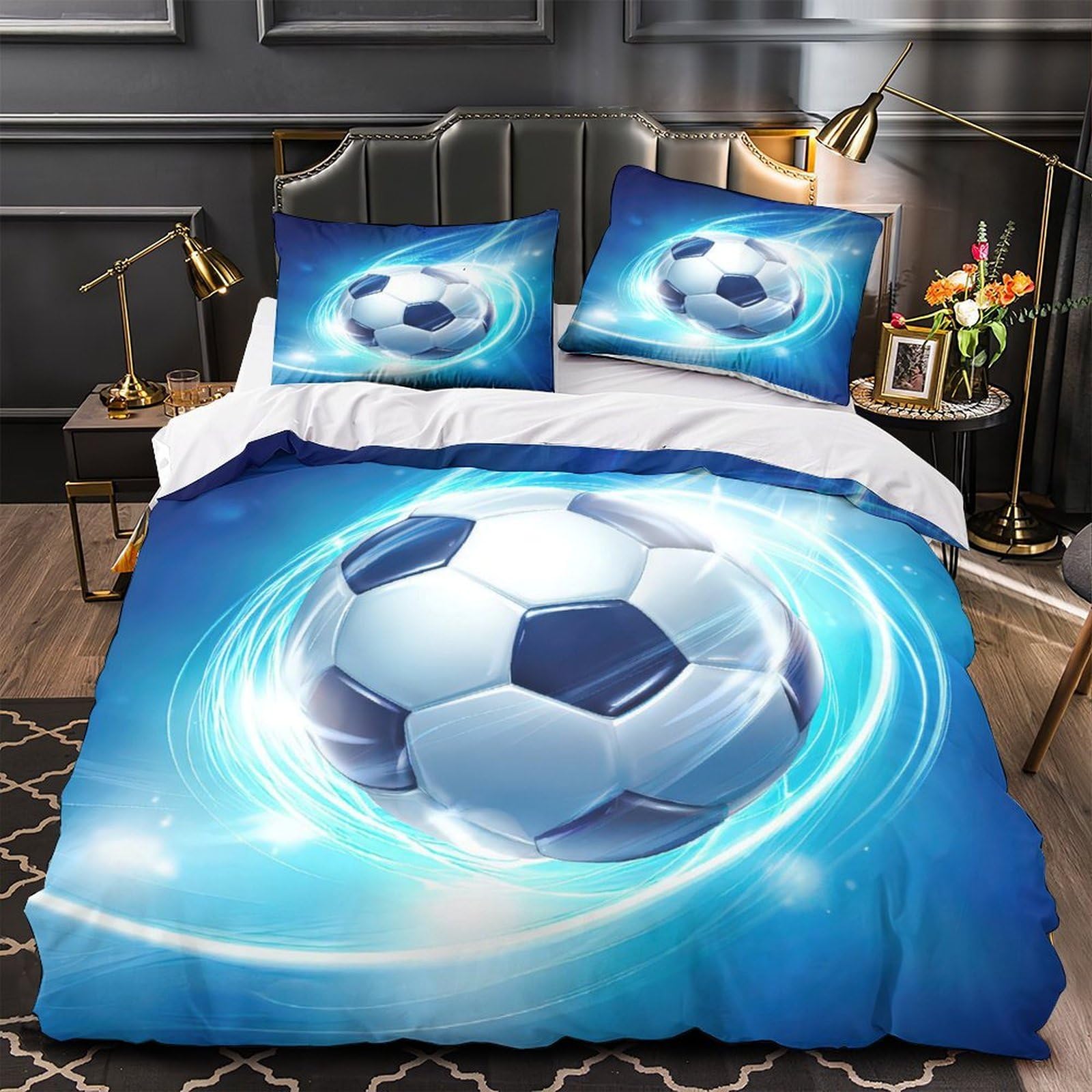 Housse de Couette Ballon de Football Parure de Lit Enfant Microfibre 3D 200x200cm