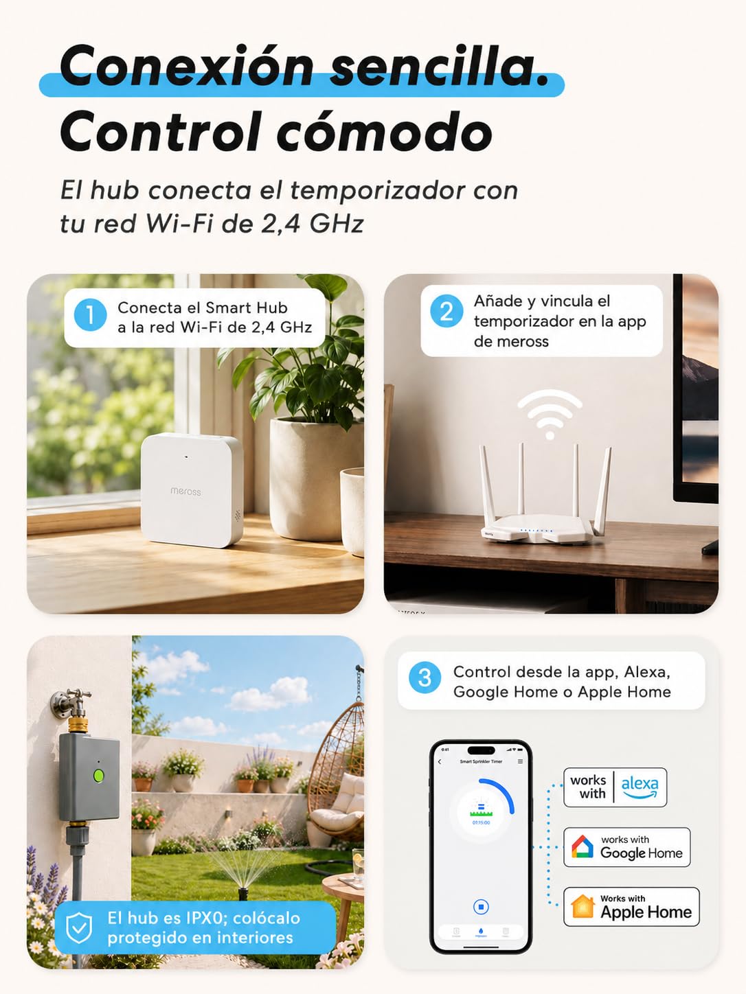meross Programador Riego WiFi con Smart Hub, Temporizador de Riego Automático para Jardín, App y Control por Voz, Pausa por Lluvia, Consumo de Agua, Latón, IP65, Alexa, Google y Apple HomeKit, Gris
