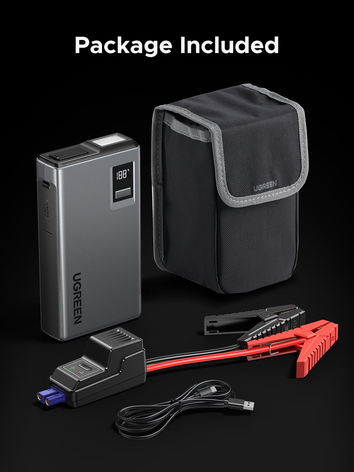 UGREEN Jump Starter Power Pack 1000A Batteria Auto Booster per 6.0L Benzina e 3.5L Diesel Motori 12000mAh Portatile Power Bank e cavi di avviamento con schermo digitale e luce LED per emergenza