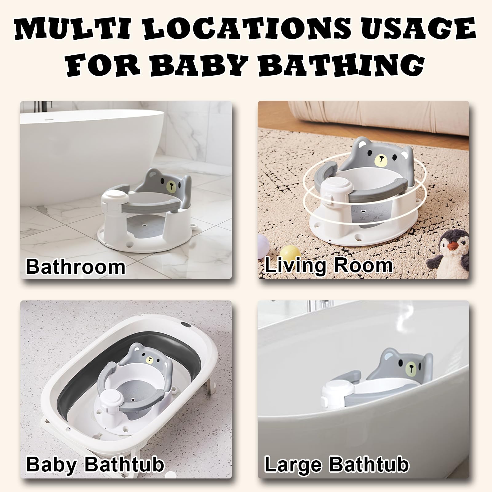 Seggiolino Doccia Bimbo, Seggiolino per Vasca da Bagno per Bambini a Partire da 6 Mesi, Seggiolini Per Bagnetto, Seggiolino da Bagno Antiscivolo con 4 Potenti Ventose, per Doccia o Vasca (Grigio)