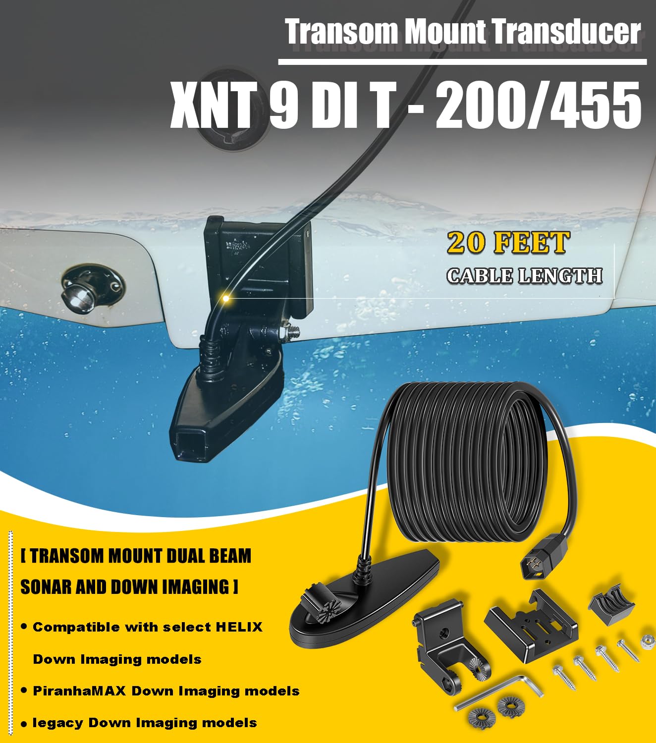 710226-1 XNT 9 DI T pour transducteur de tableau arrière Humminbird Helix avec sonar à double faisceau et imagerie descendante - 200/455 kHz, avec transducteur de montage sur tableau arrière de