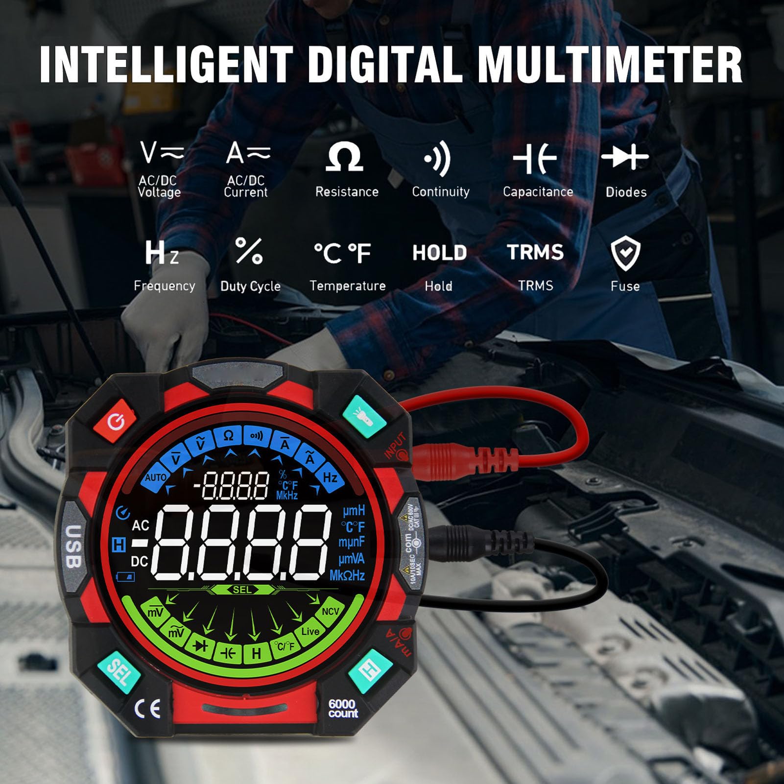 Multimètre 6000 Comptes avec Écran LCD Couleur, Compteur de Tension pour
