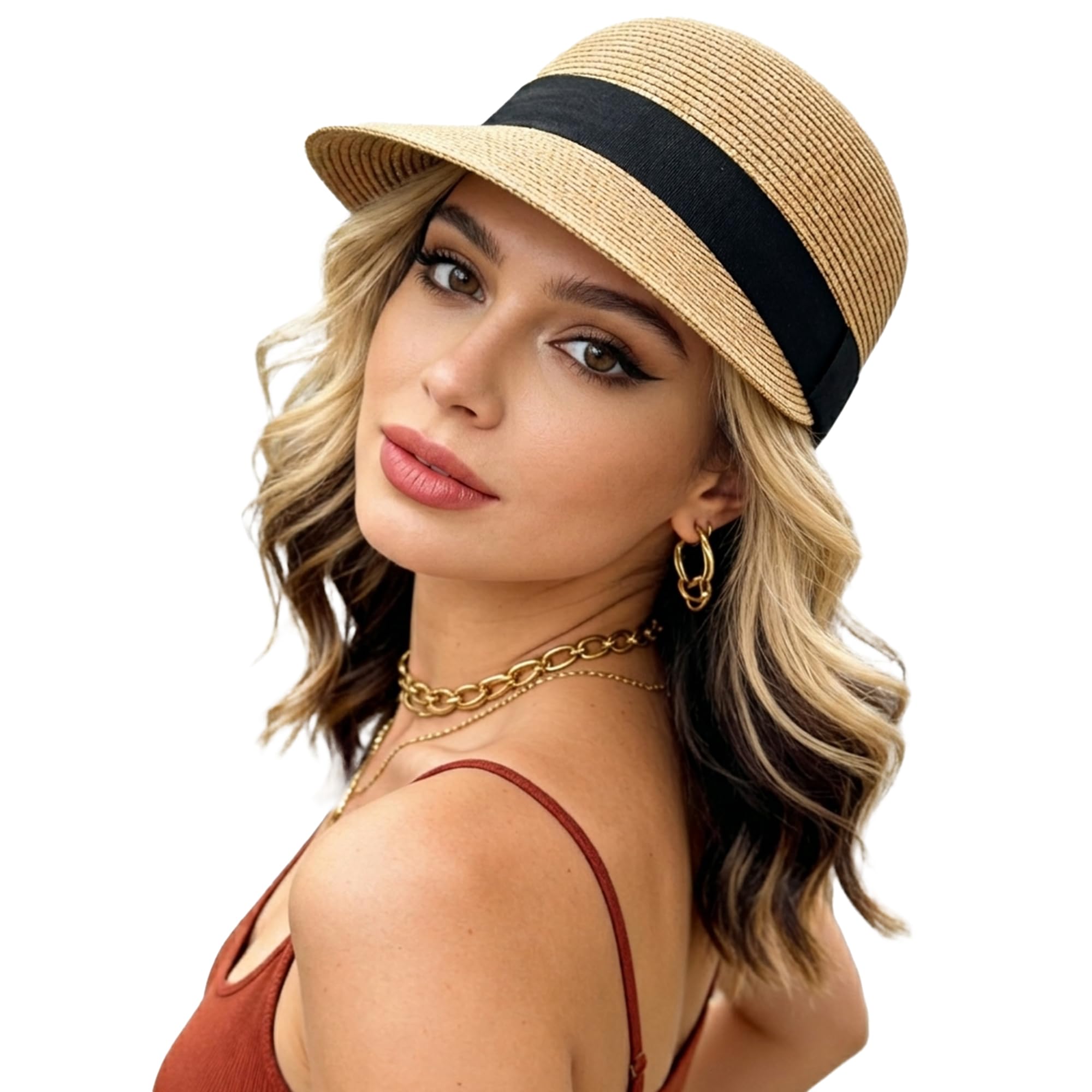 Wildarms De Mujer Summer Straw Sun Hat - Negro Ribbon Foldable Outdoor Floppy Straw Beach Hats (, Talla única, Beige)