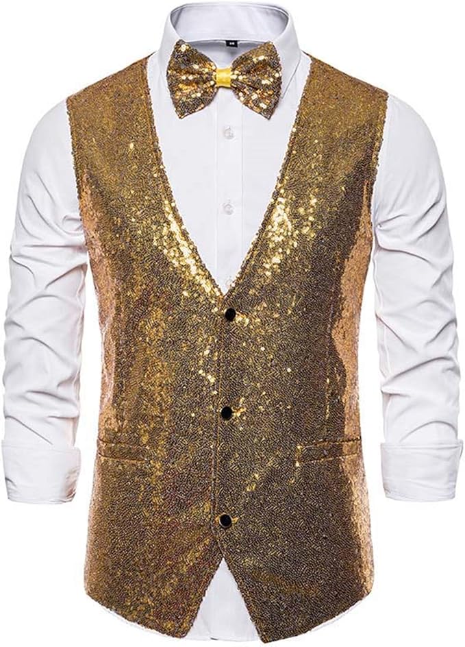 Mens Shiny Sequins Vests Silver Glitter Waistcoat Party Vest Bowtie