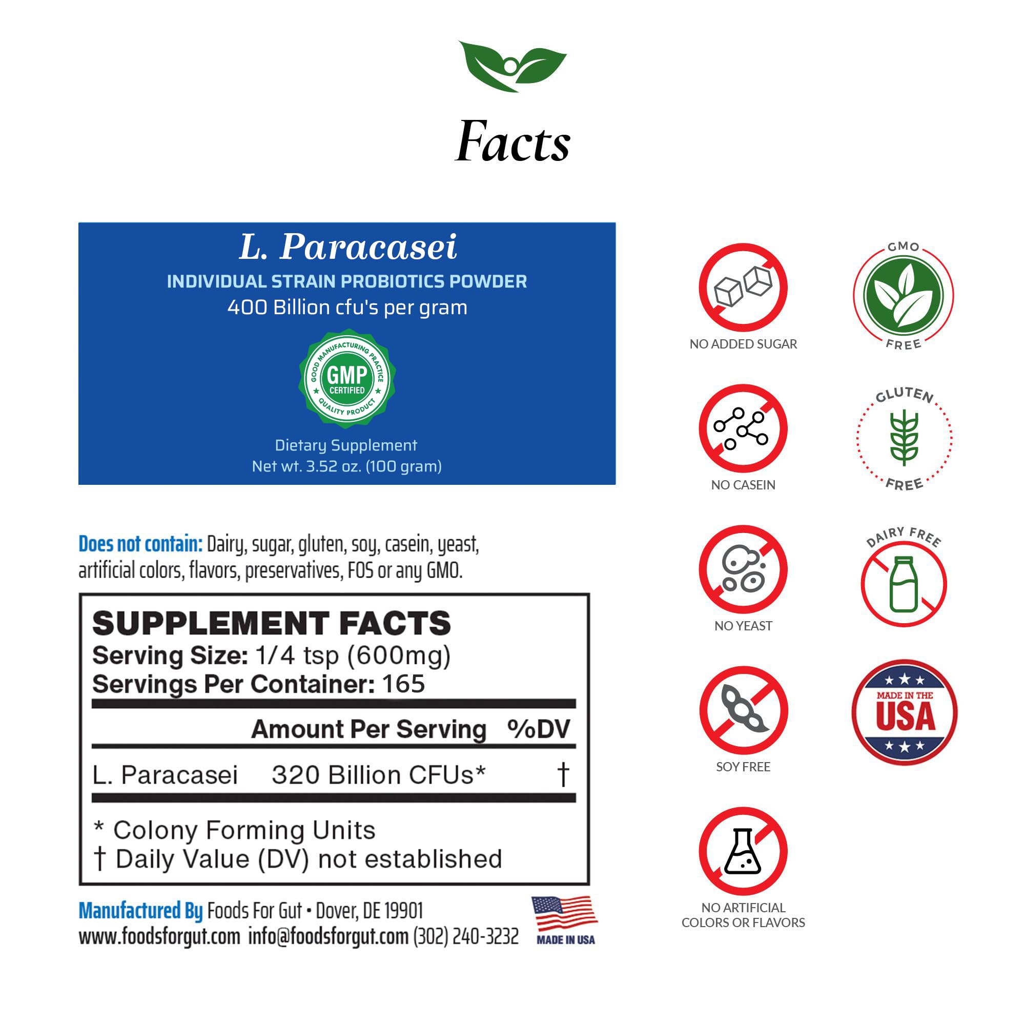 Foods For Gut Lactobacillus Paracasei Probiotic Powder 400 Billion cfu's | Made in USA | No Additives | Digestive & Immune Support | High Potency | L. Paracasei | (100 Grams)