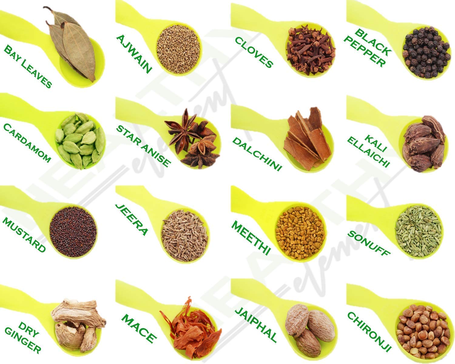 Earth Best 100% Natural Leaves, Ajwain, Kali Elaichi, Black Pepper, Green Cardamom, Chironji, Cinnamon, Cloves, Jeera, Dry Ginger, Saunf, Methi, Javitri, Mustard, Nutmeg and Star Aniseeds - Set of 16
