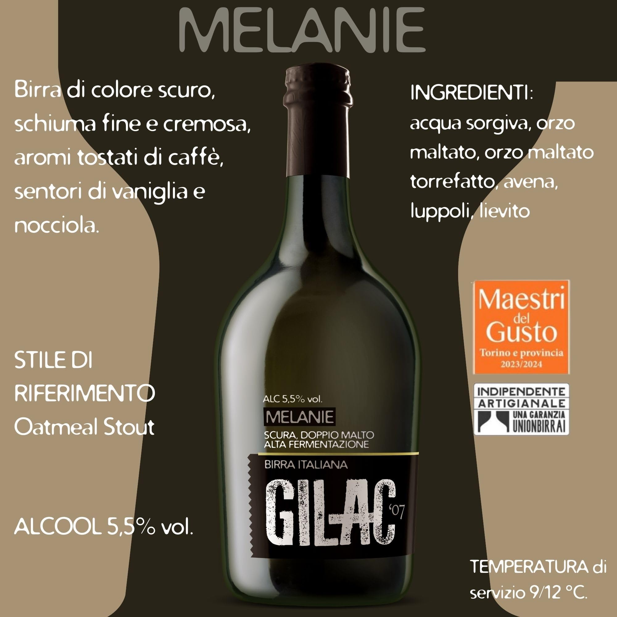 GILAC MELANIE OATMEALSTOUT Birra artigianale Doppio Malto 6 Bottiglie da 75cl, Birra Scura Italiana Non Filtrata e Non Pastorizzata, Birre Artigianali Confezioni Regalo - Gradazione Alcolica 5,5% Vol
