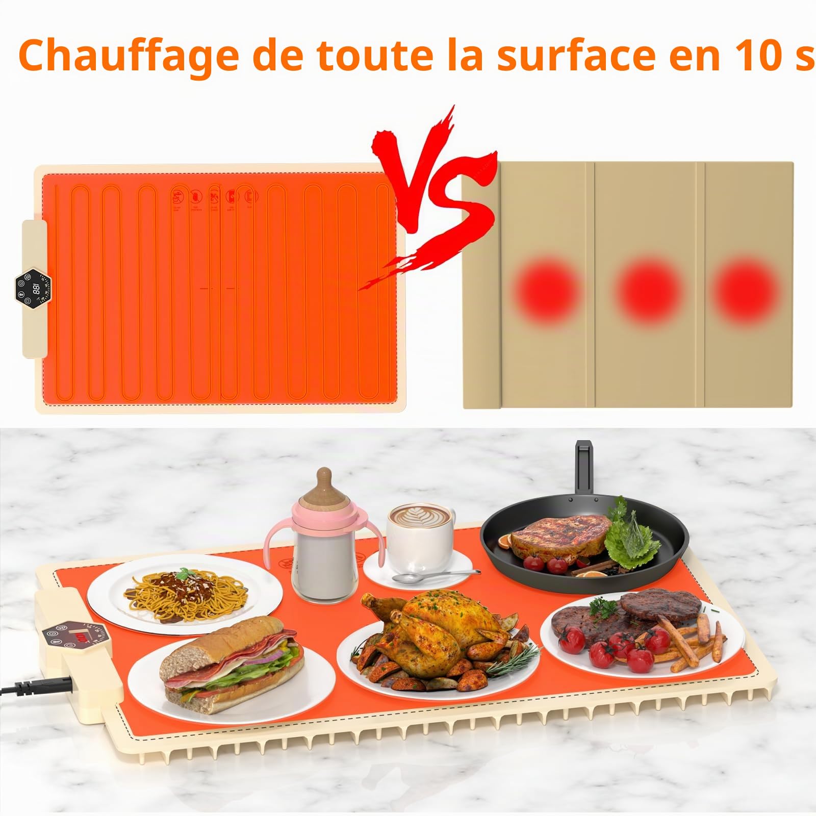 INNOWARMER Chauffe Plat Électrique, Plaque Chauffante Électrique Silicone Pliable Flexible, Plaque Chauffante avec 5 Température Réglable et Minuteur, Chauffe Plat pour Buffet Fête Familiale (Blanc)
