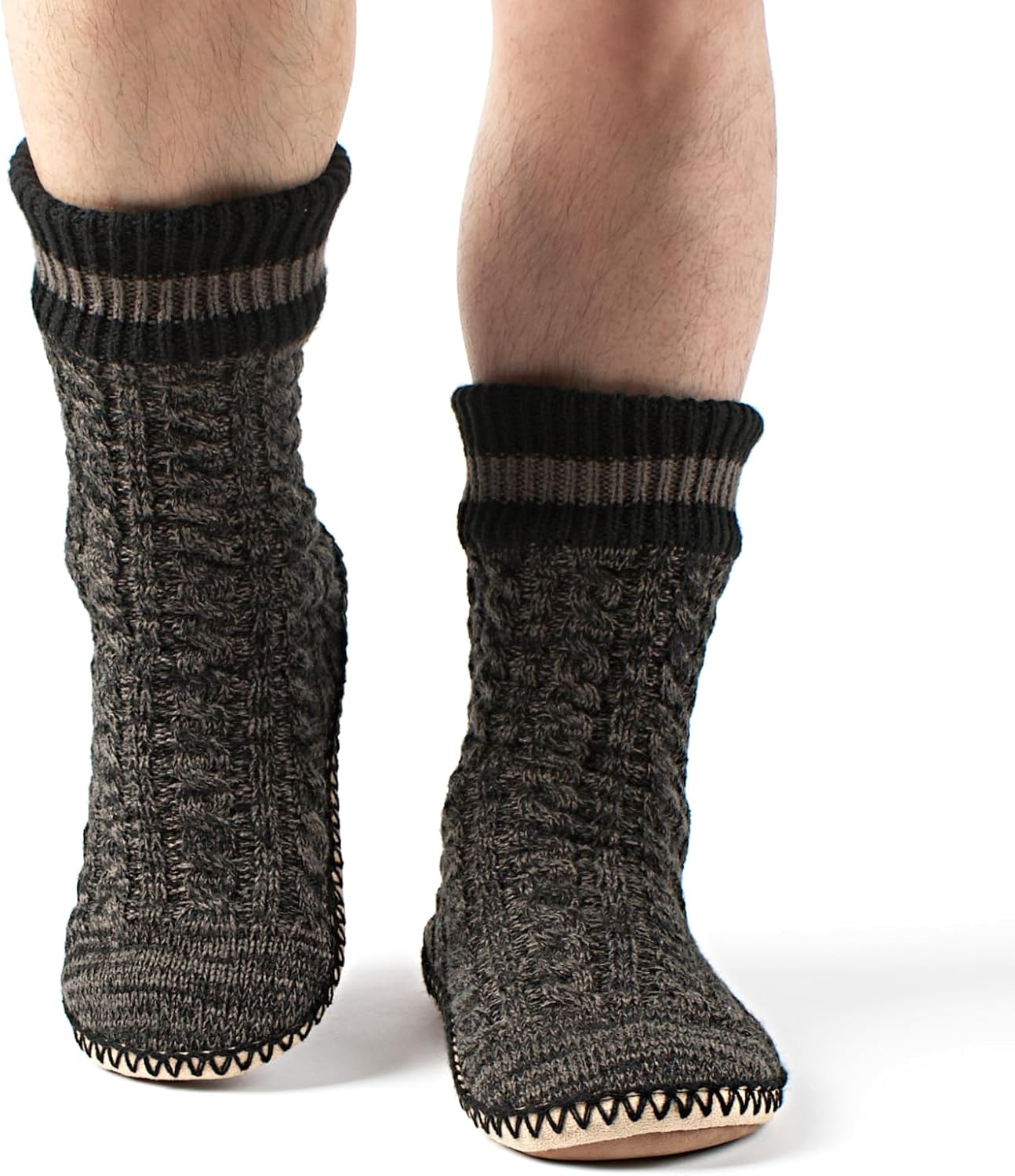 cosyone1997 Men's Slipper Socks, Winter Cable Knit Non-Skid Warm Slipper Socks, Cozy Soft Indoor Socks with Fluffy Sherpa Lined - Image 6