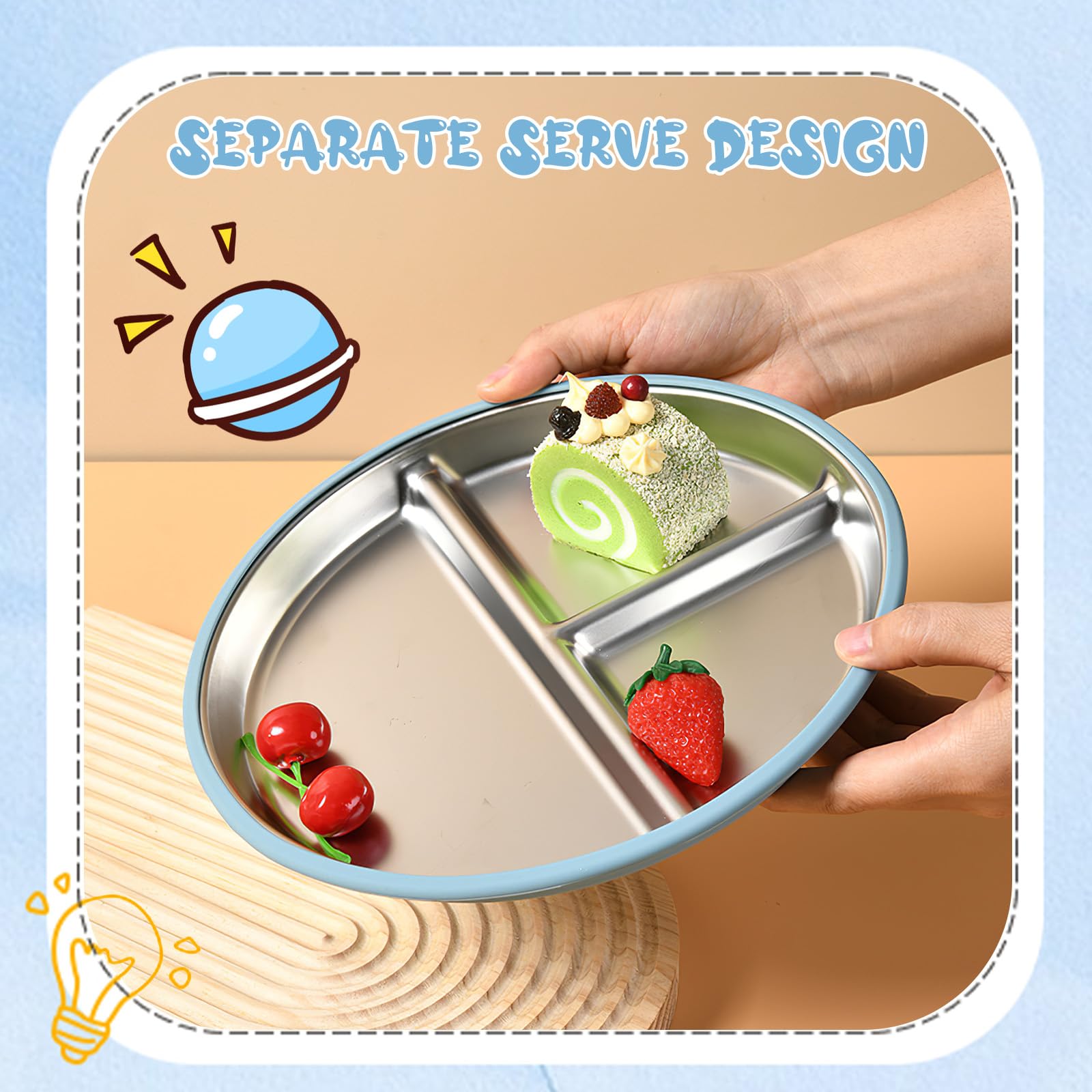 Set d'Assiettes Compartimentées pour Bébé – Assiettes en Acier Inoxydable avec Ventouse en Silicone, Couverts Bébé, Vaisselle Enfant pour Repas Sans Débordement, Sans BPA – Inclut Cuillère & Fourchett